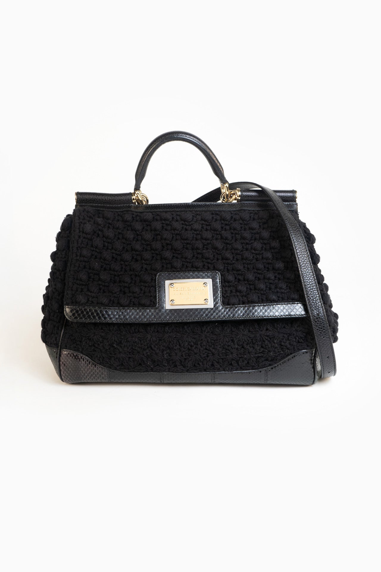 DOLCE & GABBANA SICILY INTERWOVEN CROCHET AND SNAKESKIN BAG IN BLACK