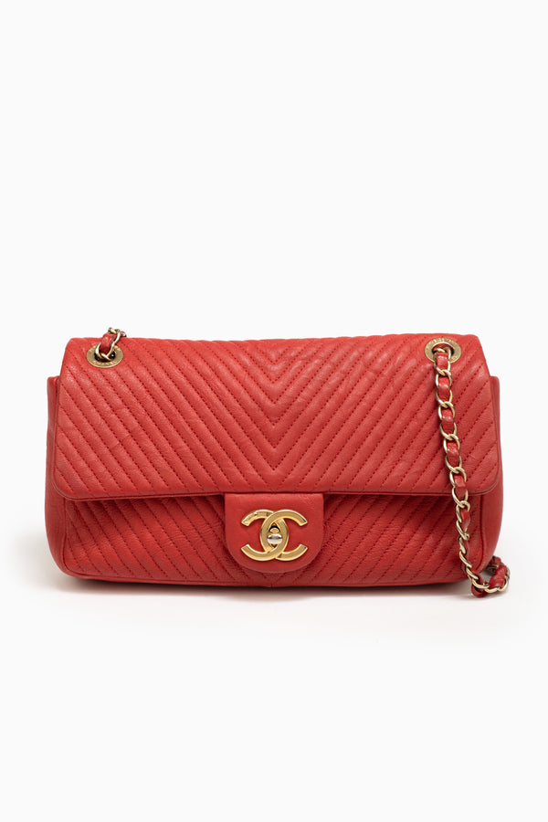 Chanel Medium Chevron Quilted Flap Bag in Coral Red Distressed Lambskin