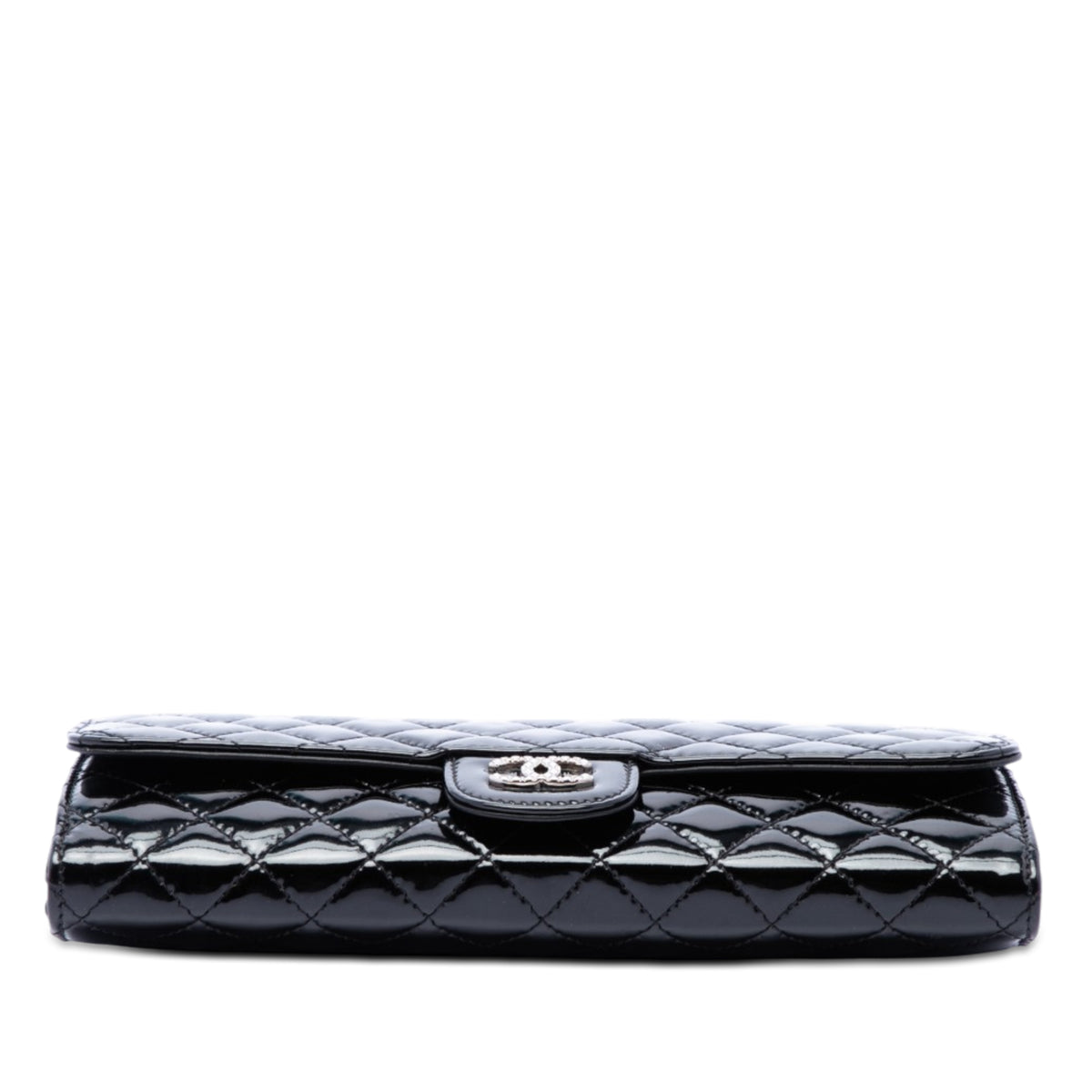 Chanel Quilted Patent Brilliant East West Flap Clutch with Chain Black