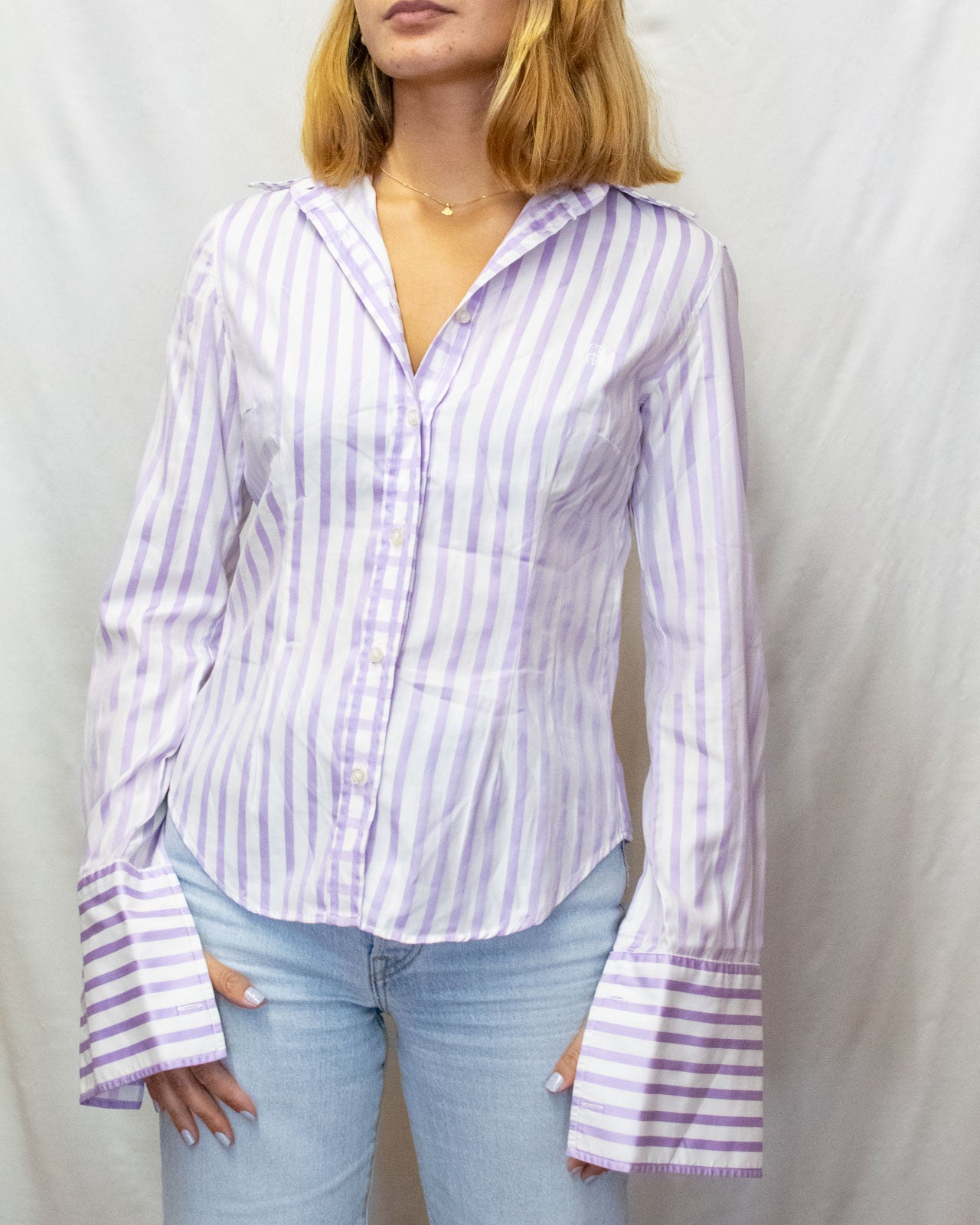 White and Lilac Carolina Herrera Sleeved Shirt - Made in Portugal