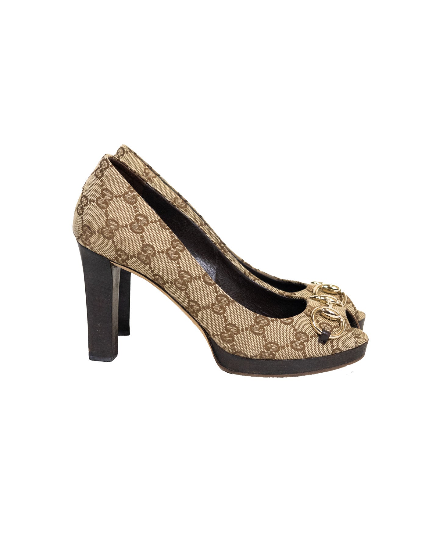 Gucci Open Toe Horse-bit Monogram Heels With Dust Bag - Size 38