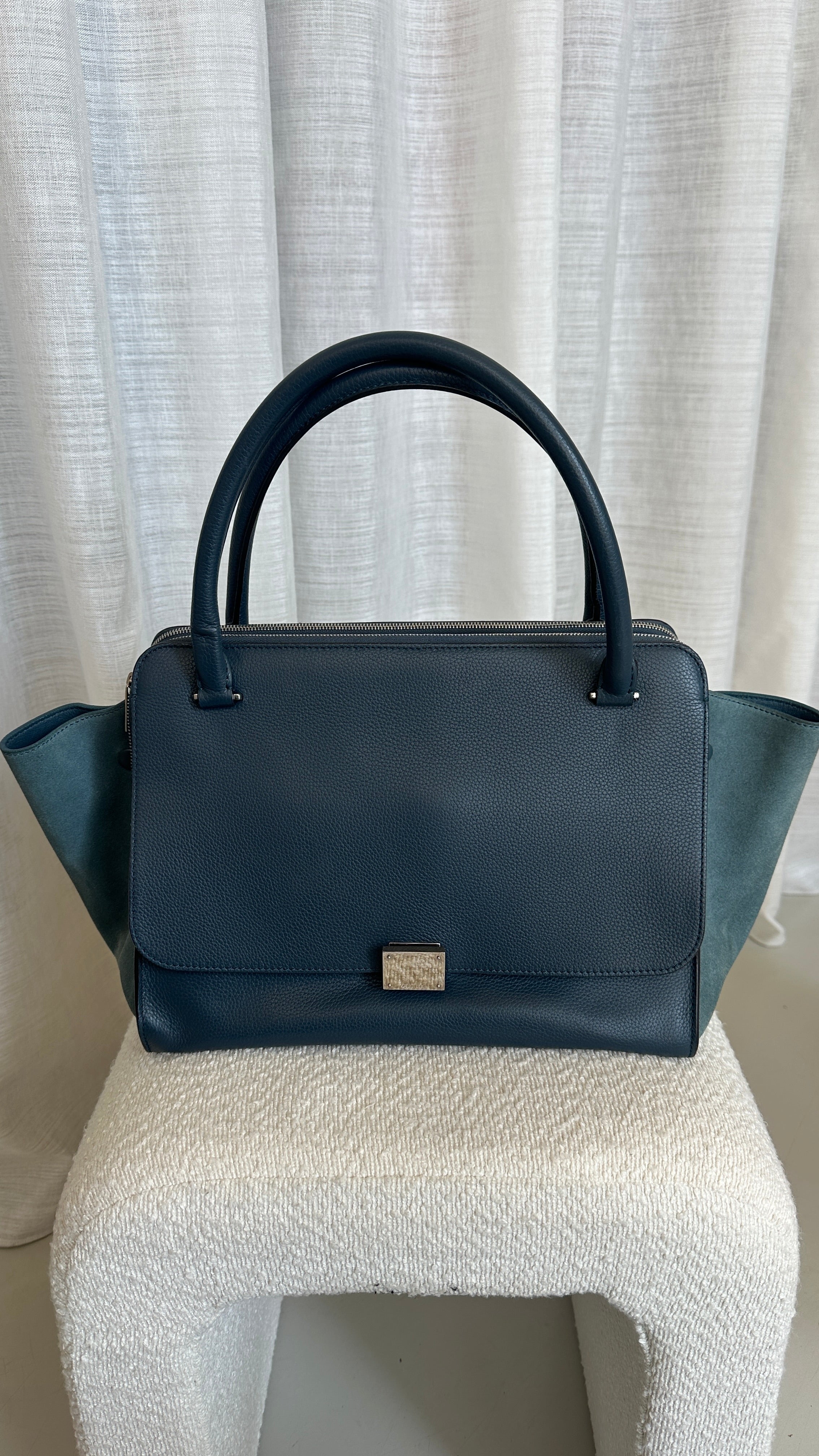 CÉLINE TRAPEZE LEATHER SUEDE HANDBAG - IN BLUE
