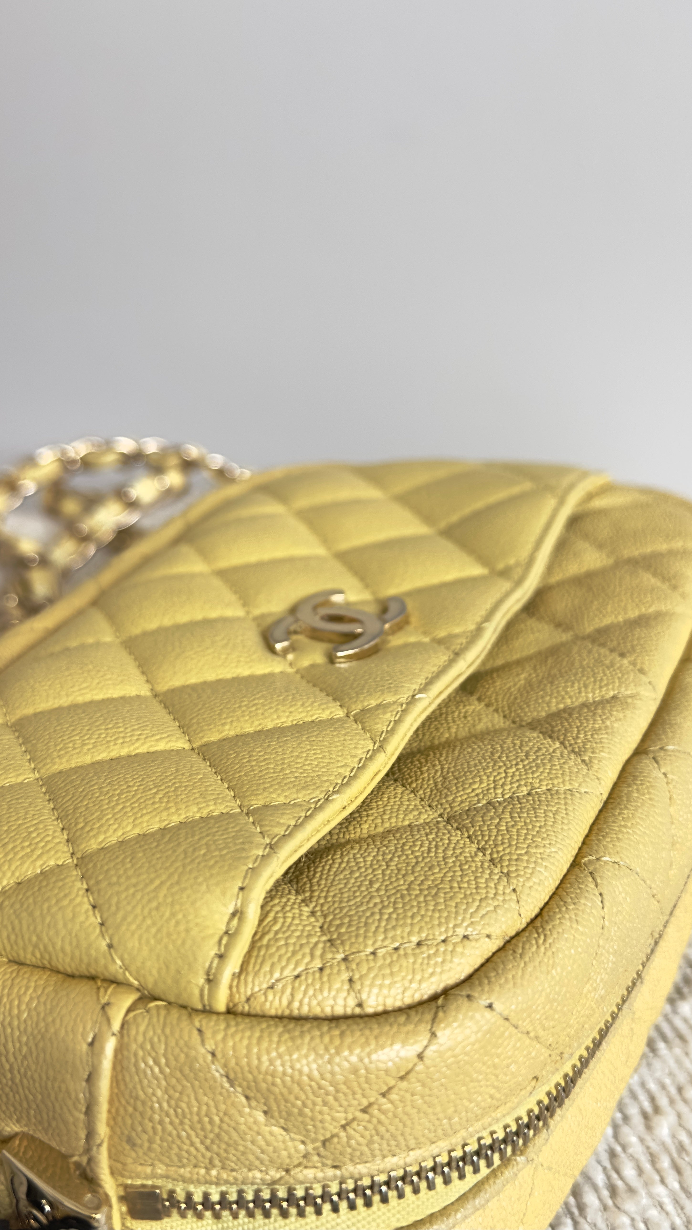 CHANEL MINI QUILTED IRIDESCENT CAVIAR CAMERA BAG IN YELLOW