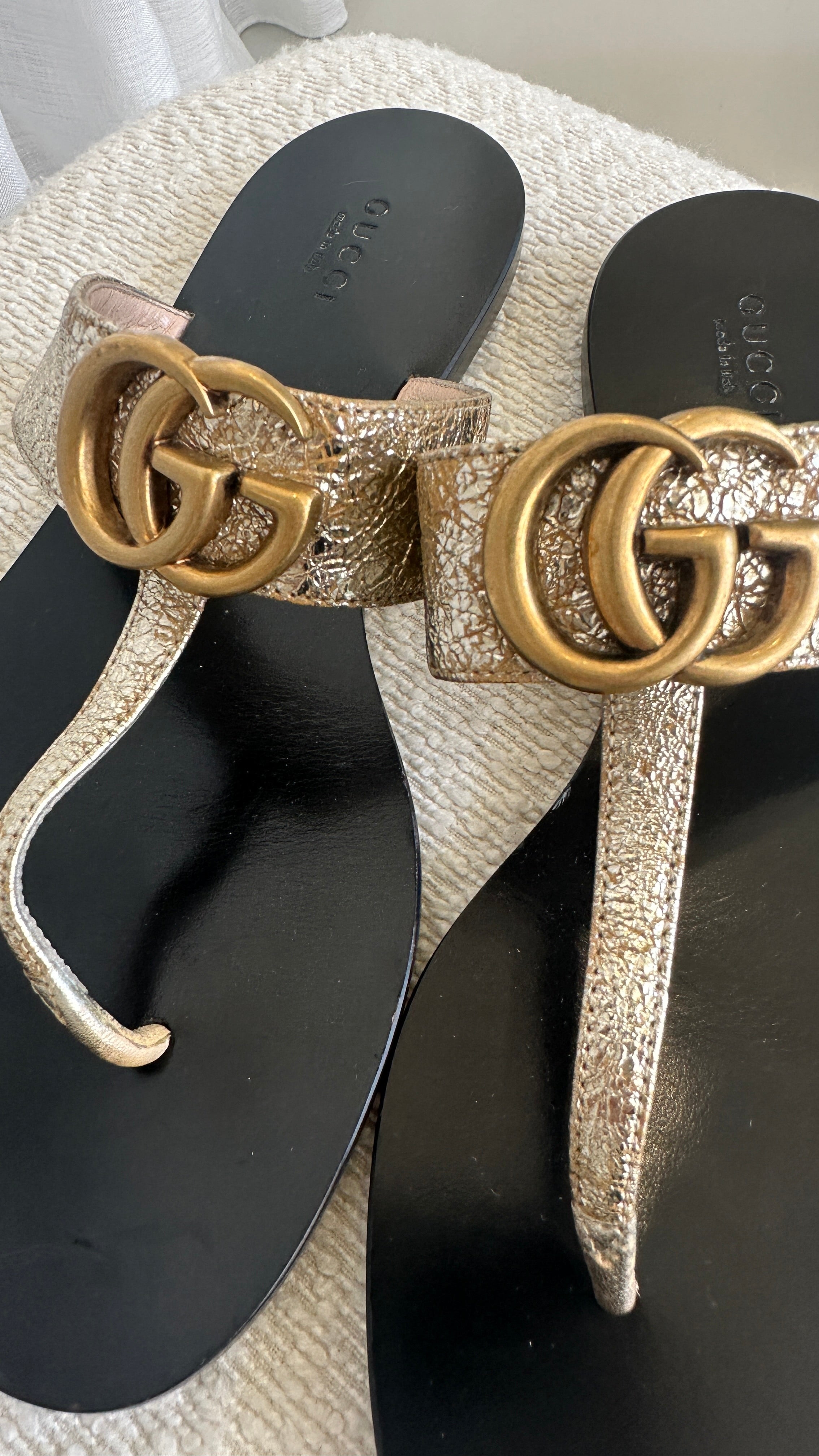 Gucci GG Marmont Thong Sandals In Gold - Size 38
