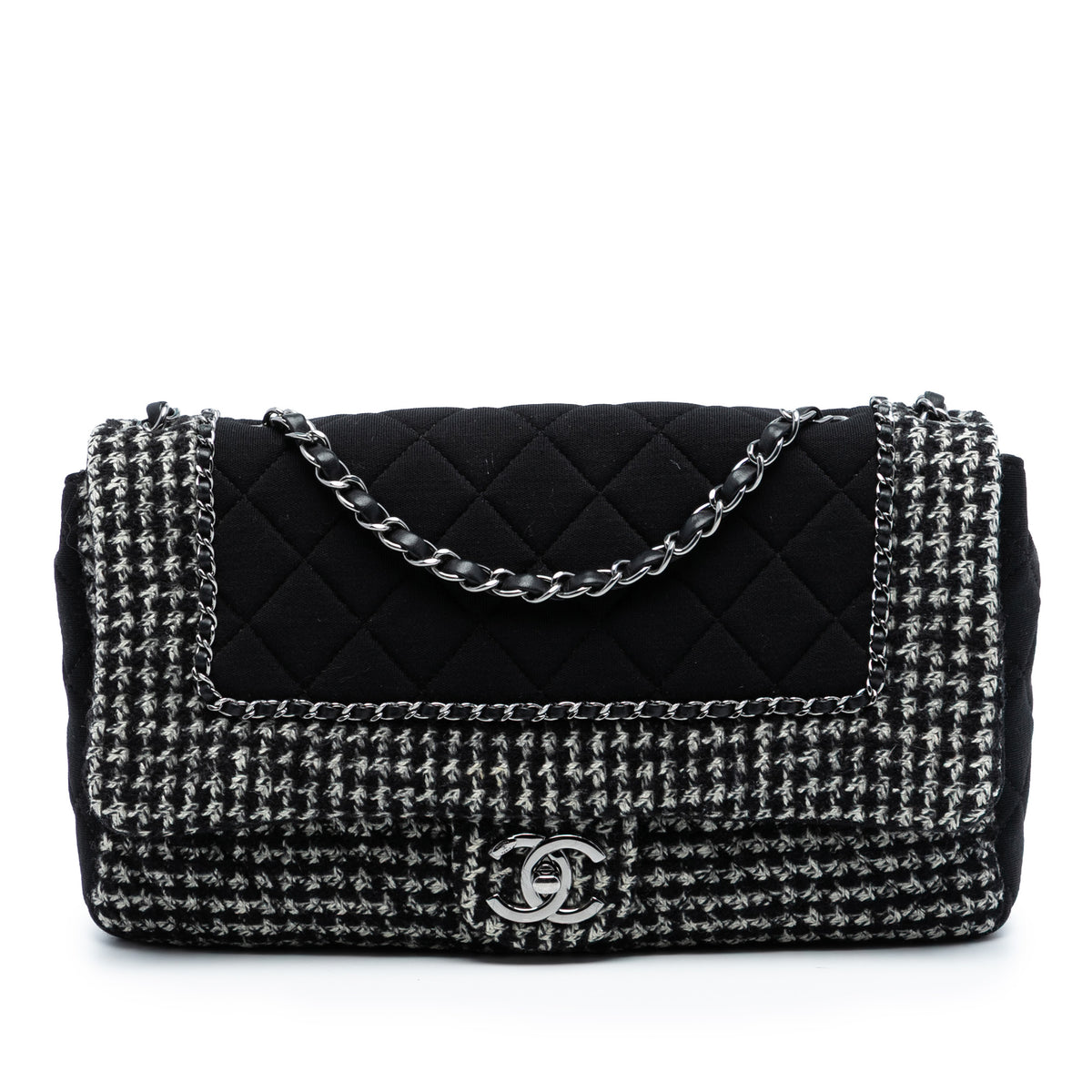 Chanel Jumbo CC Quilted Jersey and Tweed Chain Flap Black
