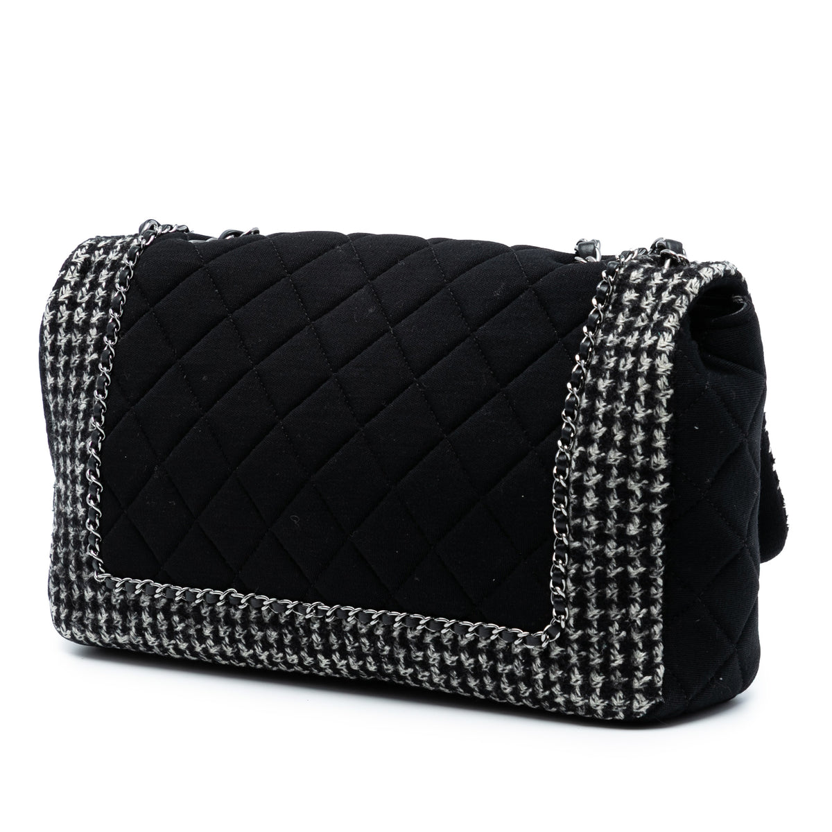 Chanel Jumbo CC Quilted Jersey and Tweed Chain Flap Black