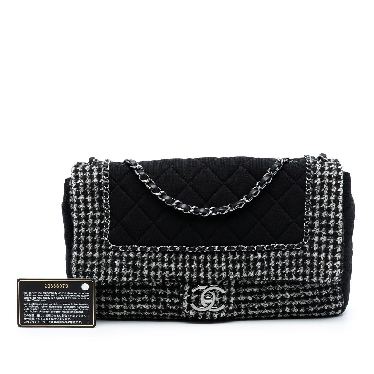 Chanel Jumbo CC Quilted Jersey and Tweed Chain Flap Black