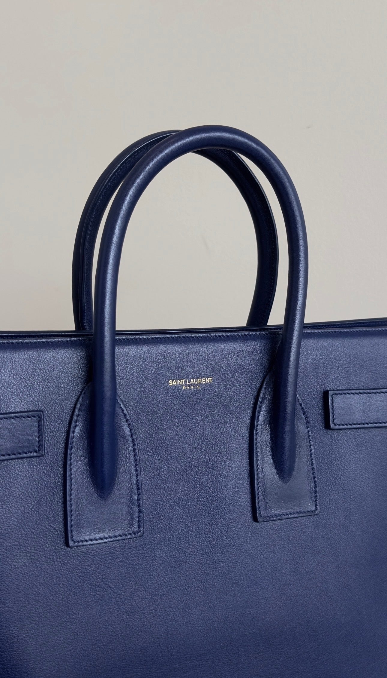 SAINT LAURENT SMALL SAC DE JOUR LEATHER TOTE BAG IN BLUE