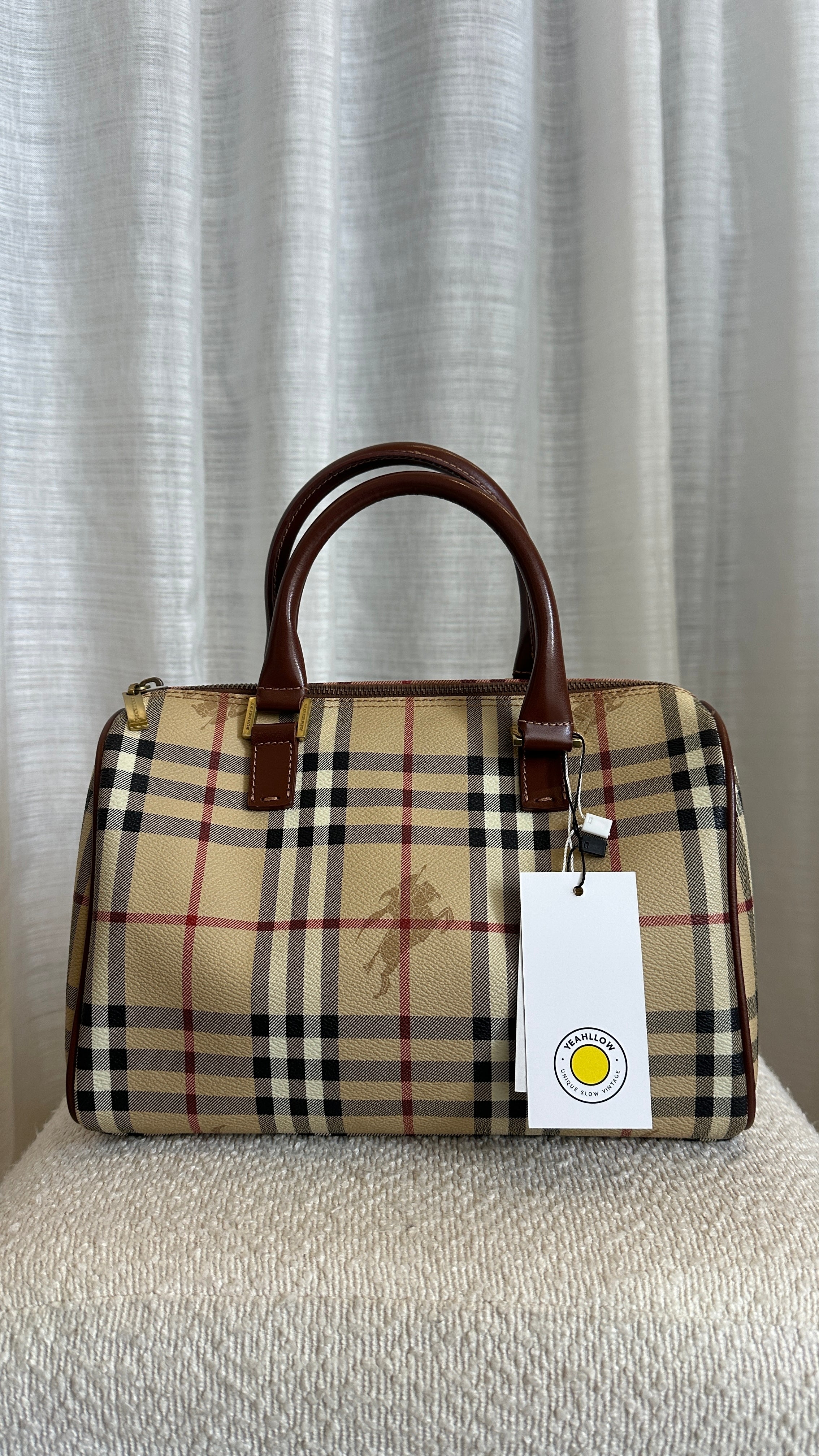 BURBERRY CHECK COATED CANVAS BOSTON BAG IN BROWN