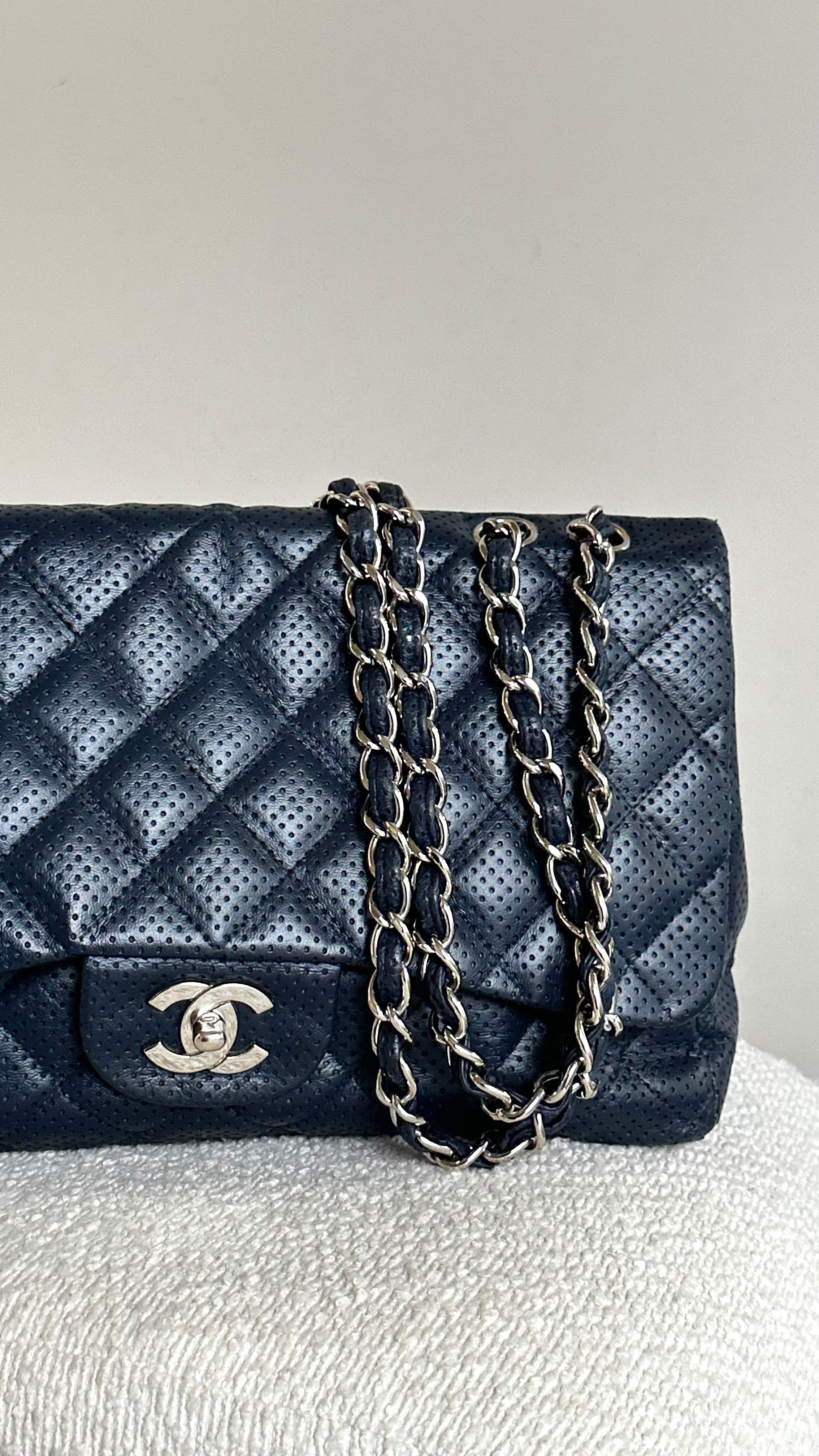 Chanel Jumbo Perforated Leather Flap Bag In Navy