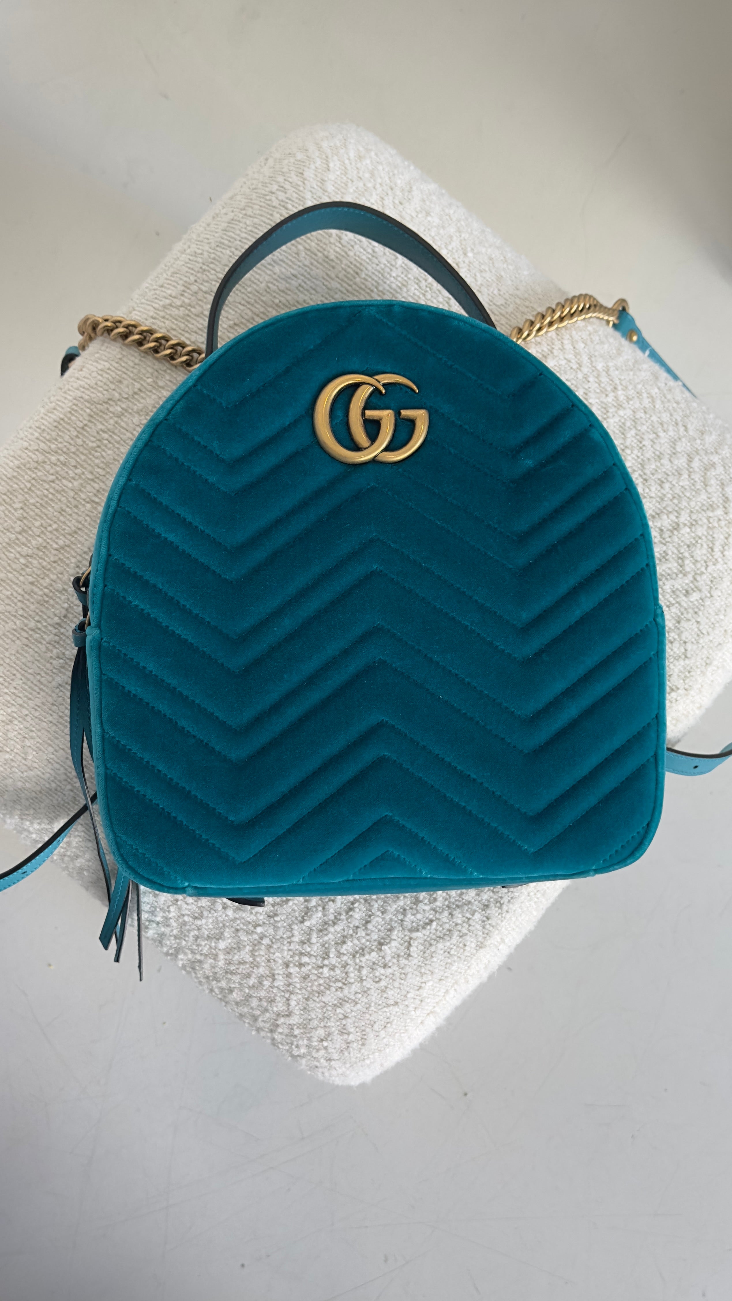 GUCCI GG MARMONT VELVET BACKPACK IN TURQUOISE BLUE