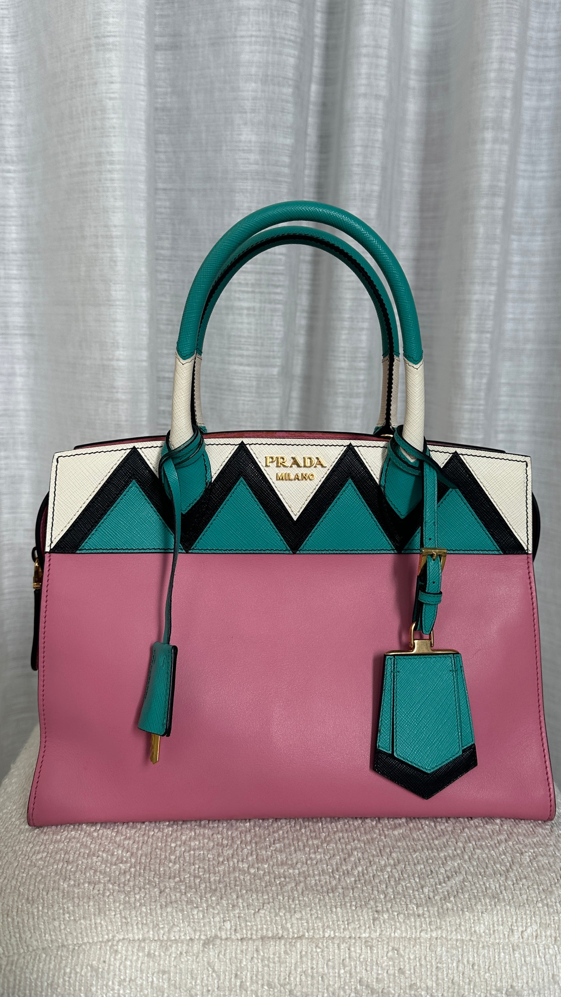 PRADA PARADIGME LEATHER BAG - IN PINK AND BLUE