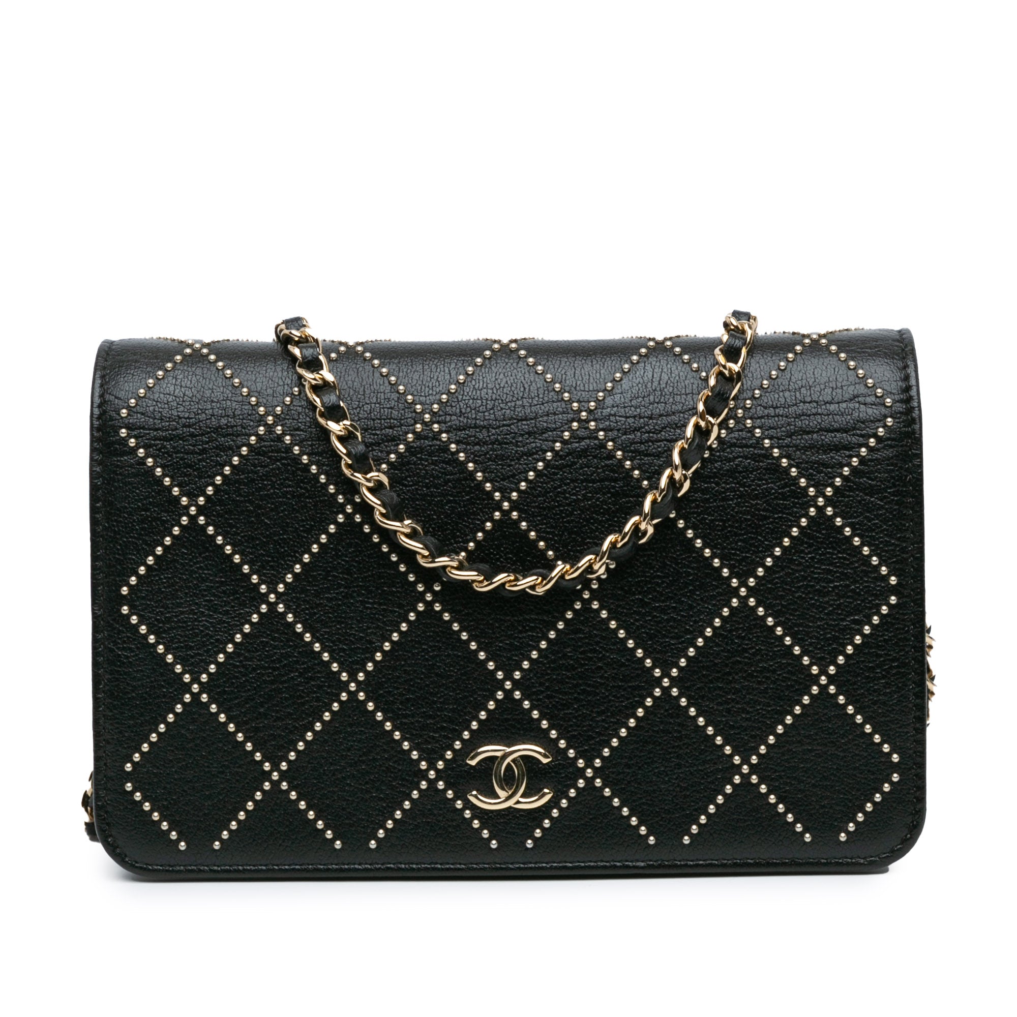 Chanel Studded Lambskin Crystal Wallet On Chain In Black