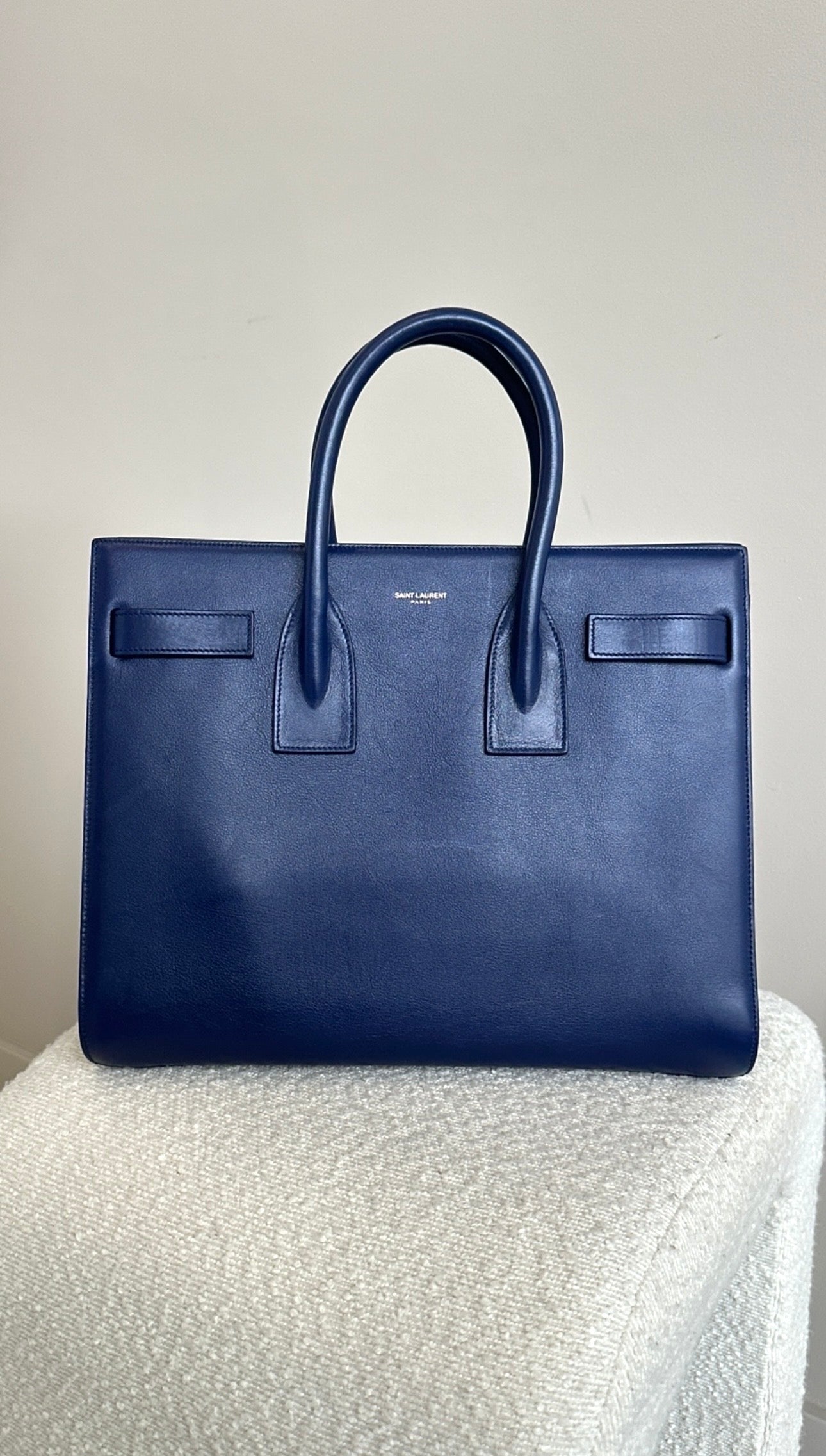 SAINT LAURENT SMALL SAC DE JOUR LEATHER TOTE BAG IN BLUE