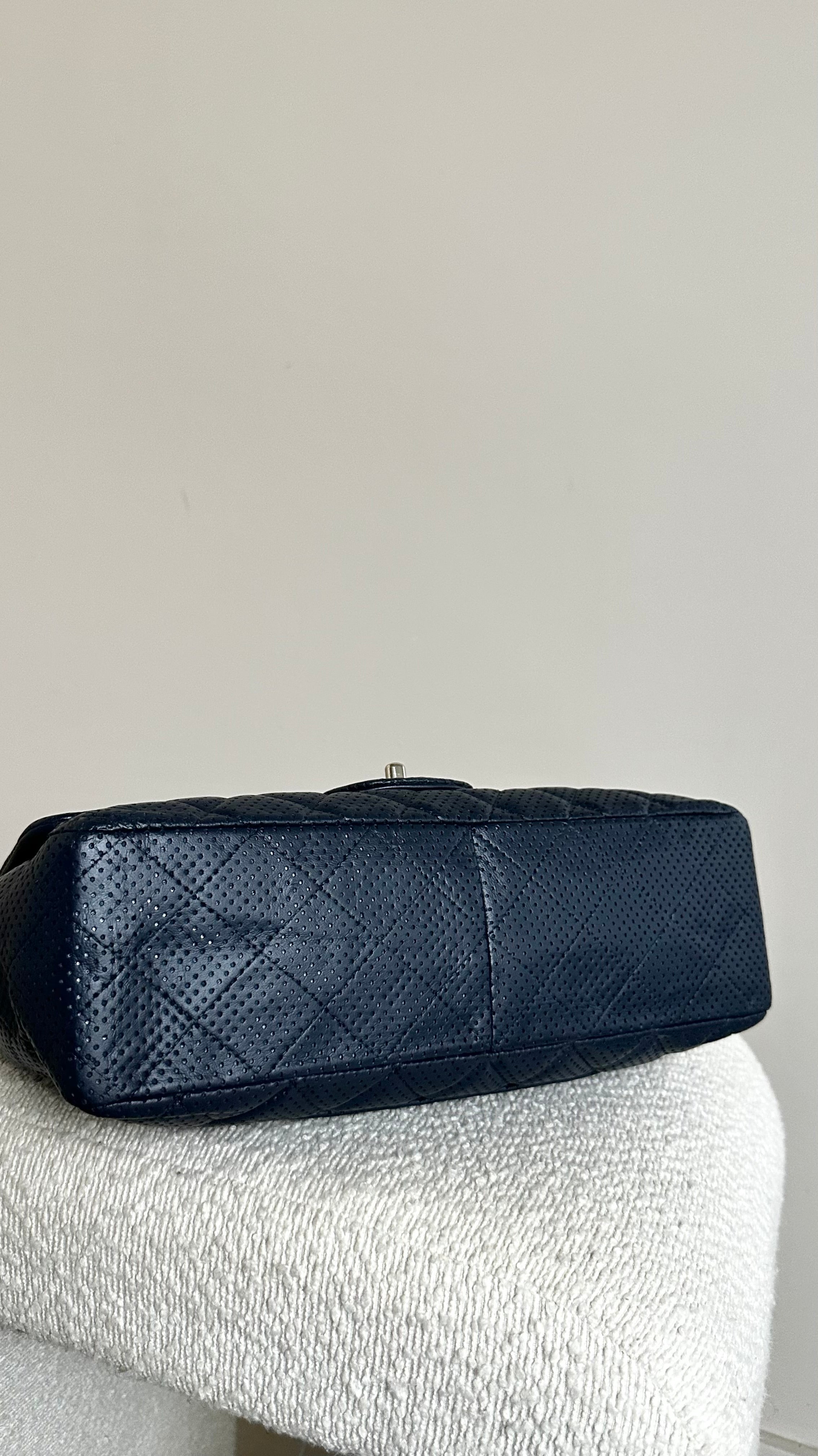 Chanel Jumbo Perforated Leather Flap Bag In Navy