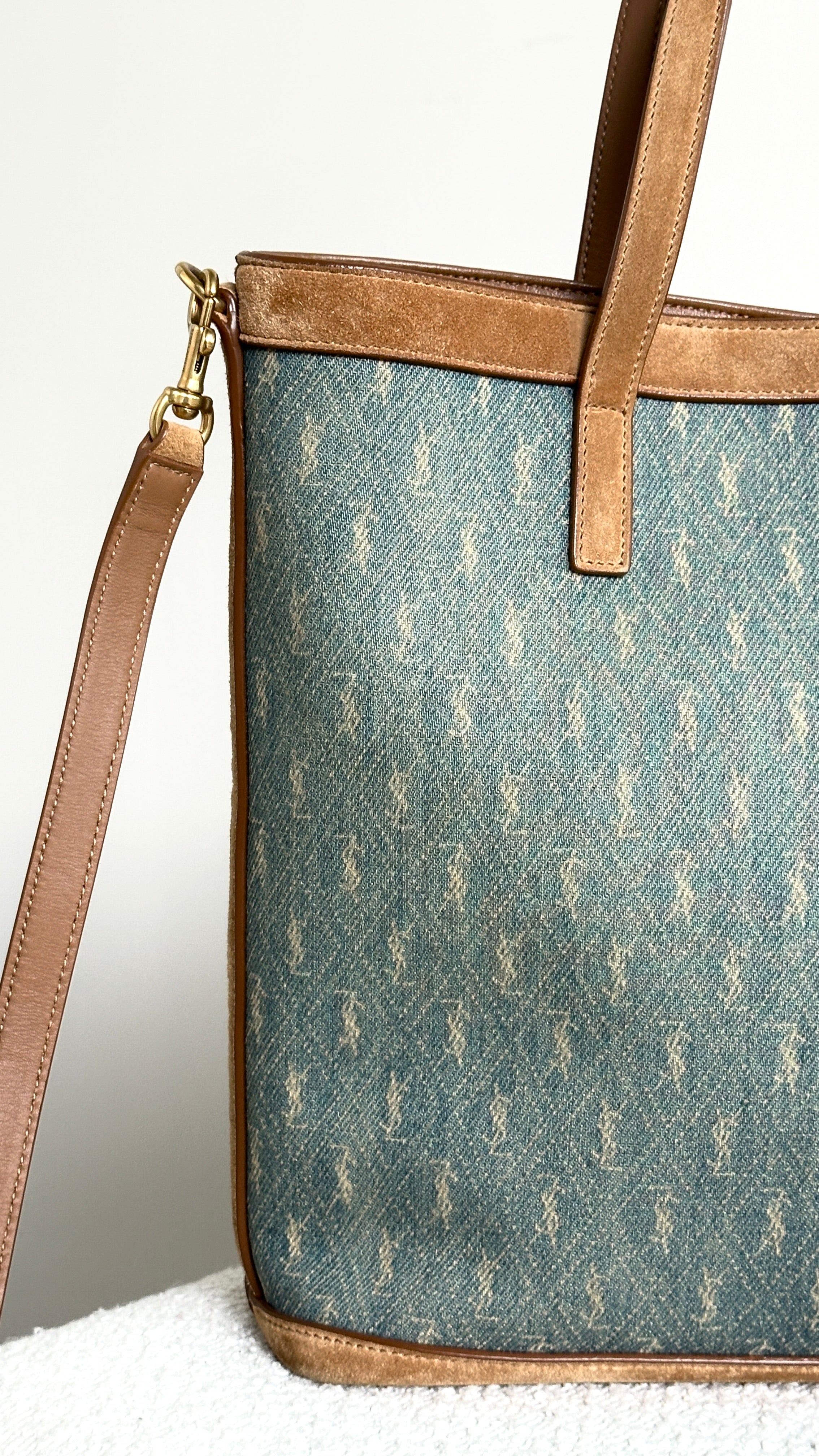 SAINT LAURENT TOY MONOGRAM DENIM TOTE BAG IN BLUE