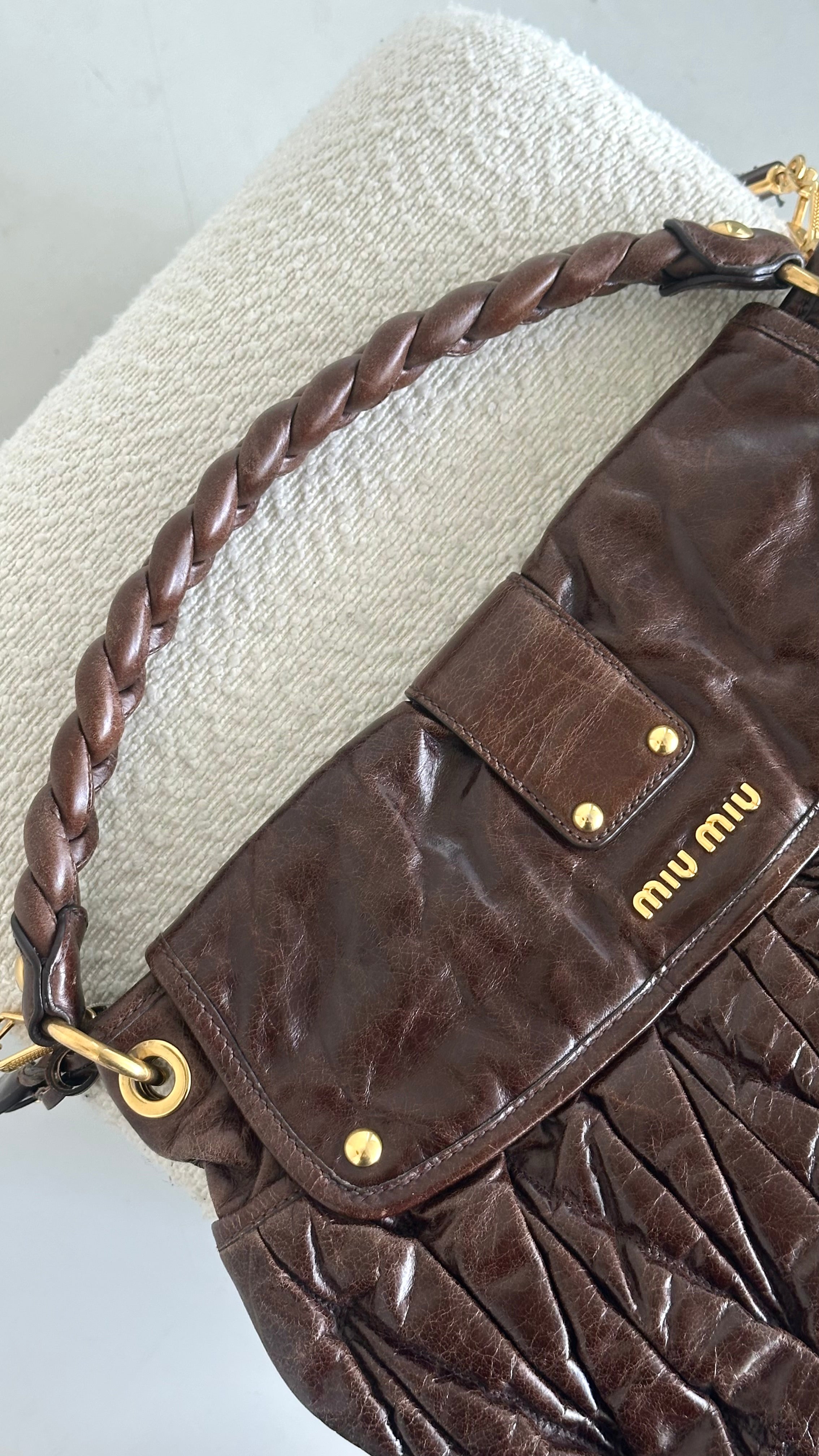 MIU MIU MATELASSE NAPPA COFFER HOBO BAG IN BROWN