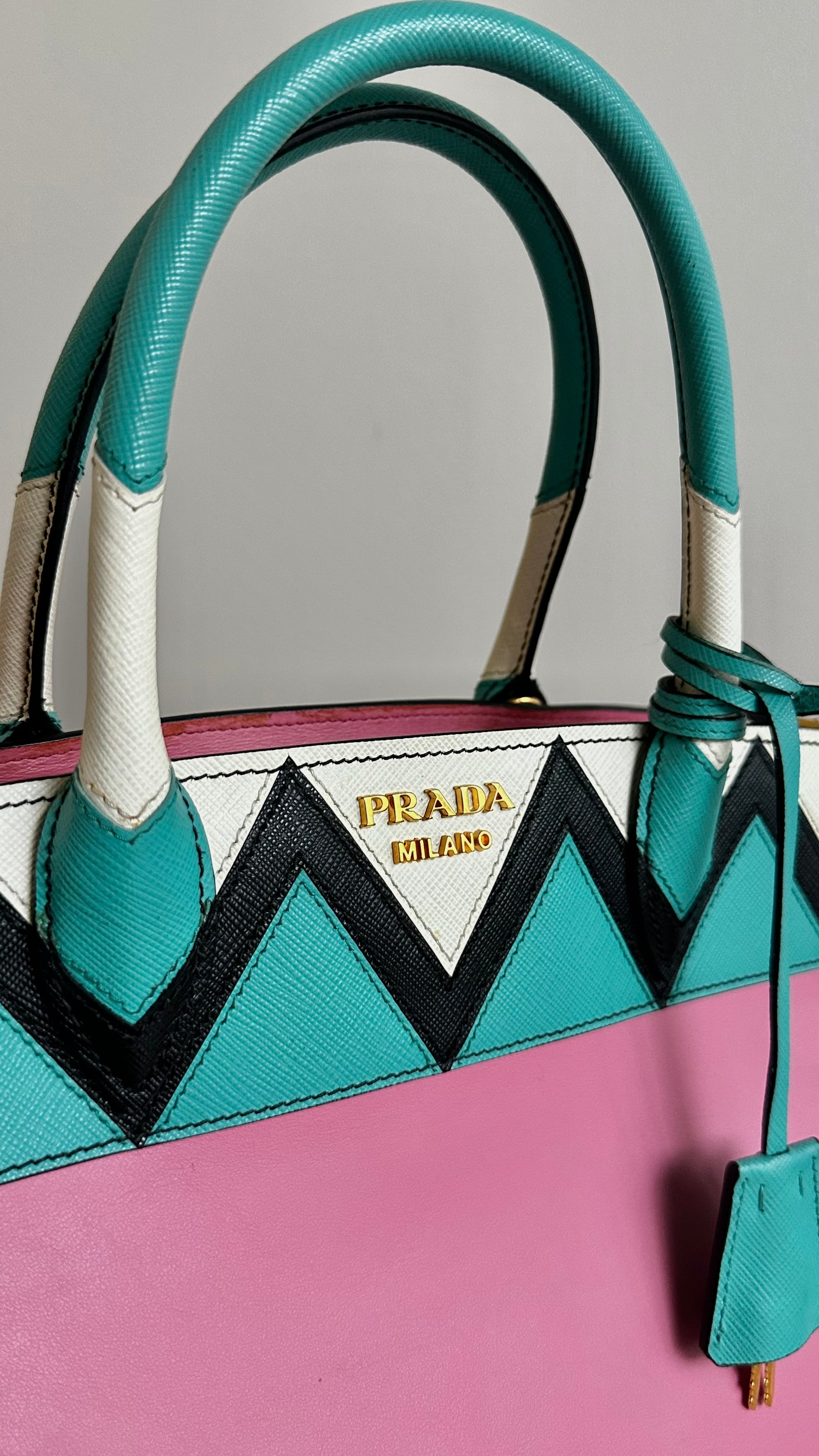 PRADA PARADIGME LEATHER BAG - IN PINK AND BLUE