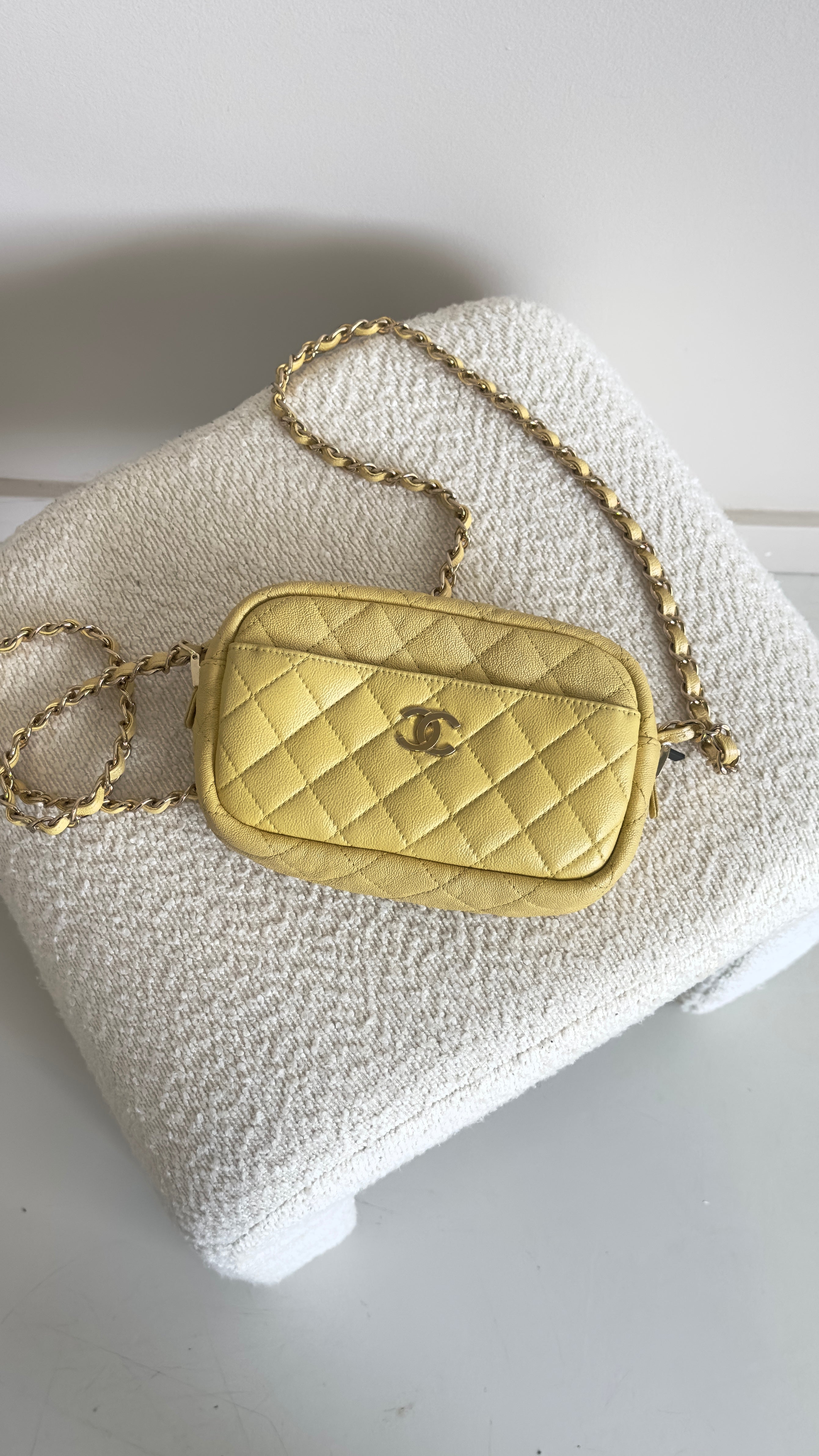 CHANEL MINI QUILTED IRIDESCENT CAVIAR CAMERA BAG IN YELLOW