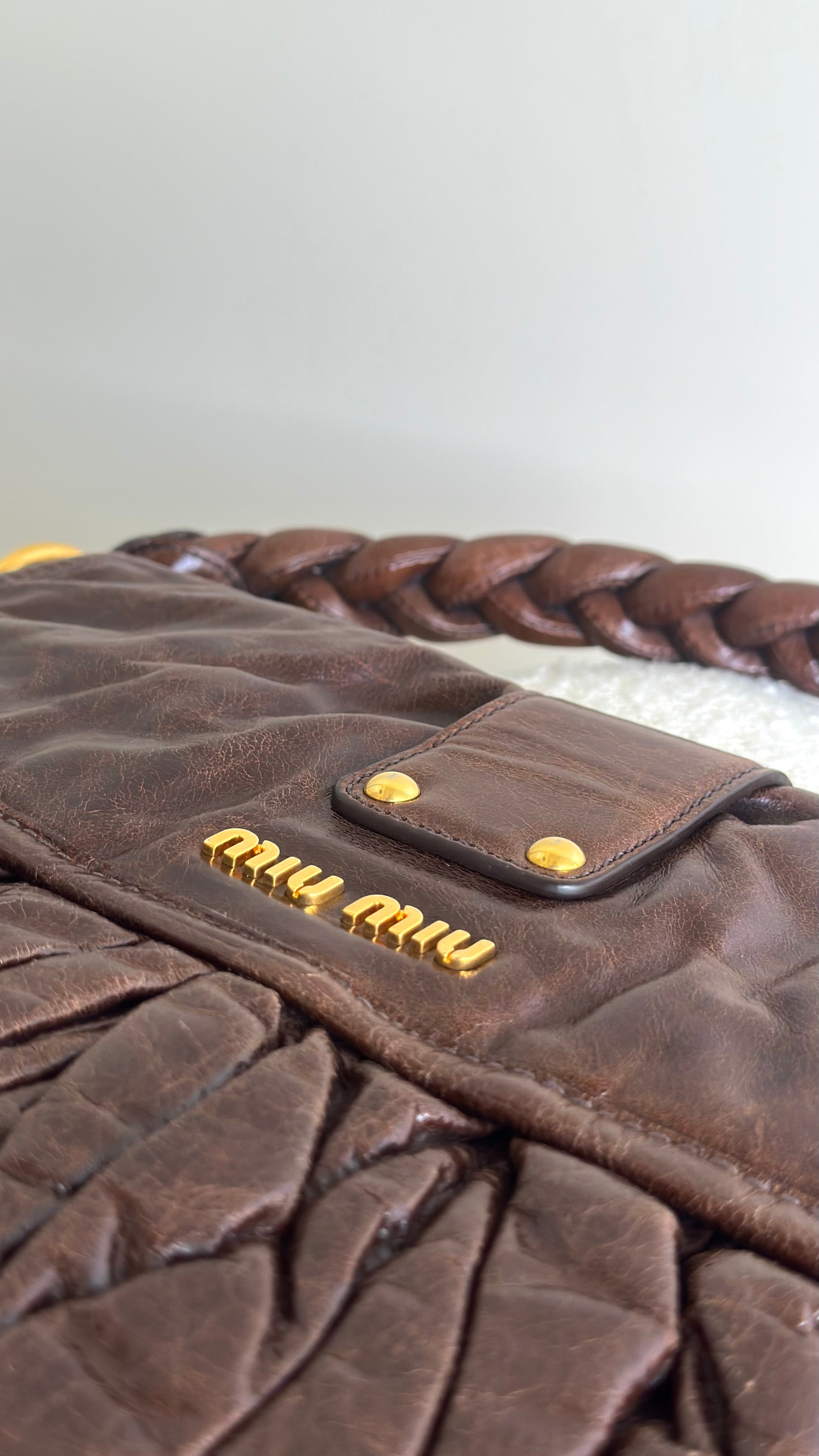 MIU MIU MATELASSE NAPPA COFFER HOBO BAG IN BROWN