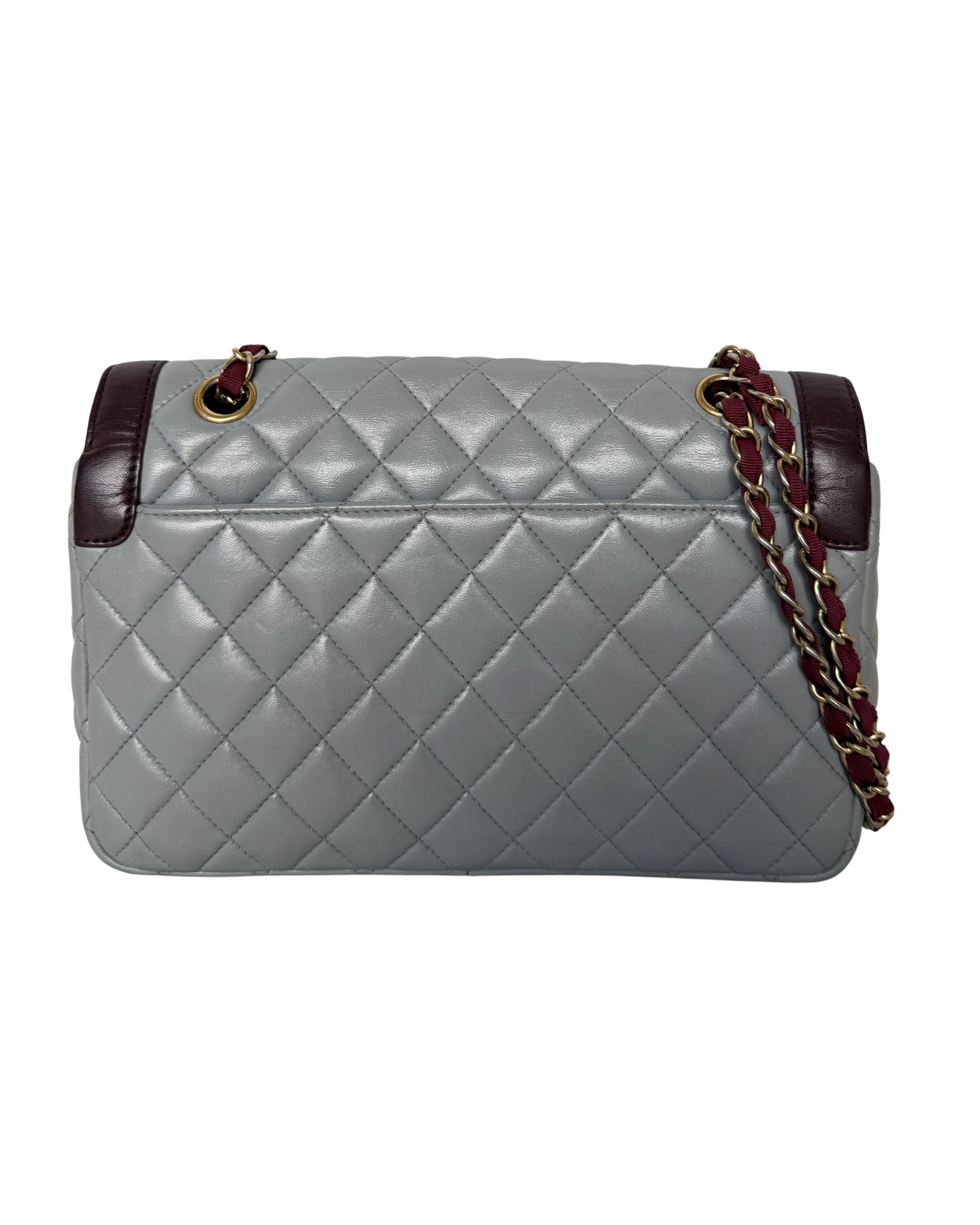 CHANEL MEDIUM LAMBSKIN QUILTED TWO TONE DAY FLAP GREY AND BURGUNDY
