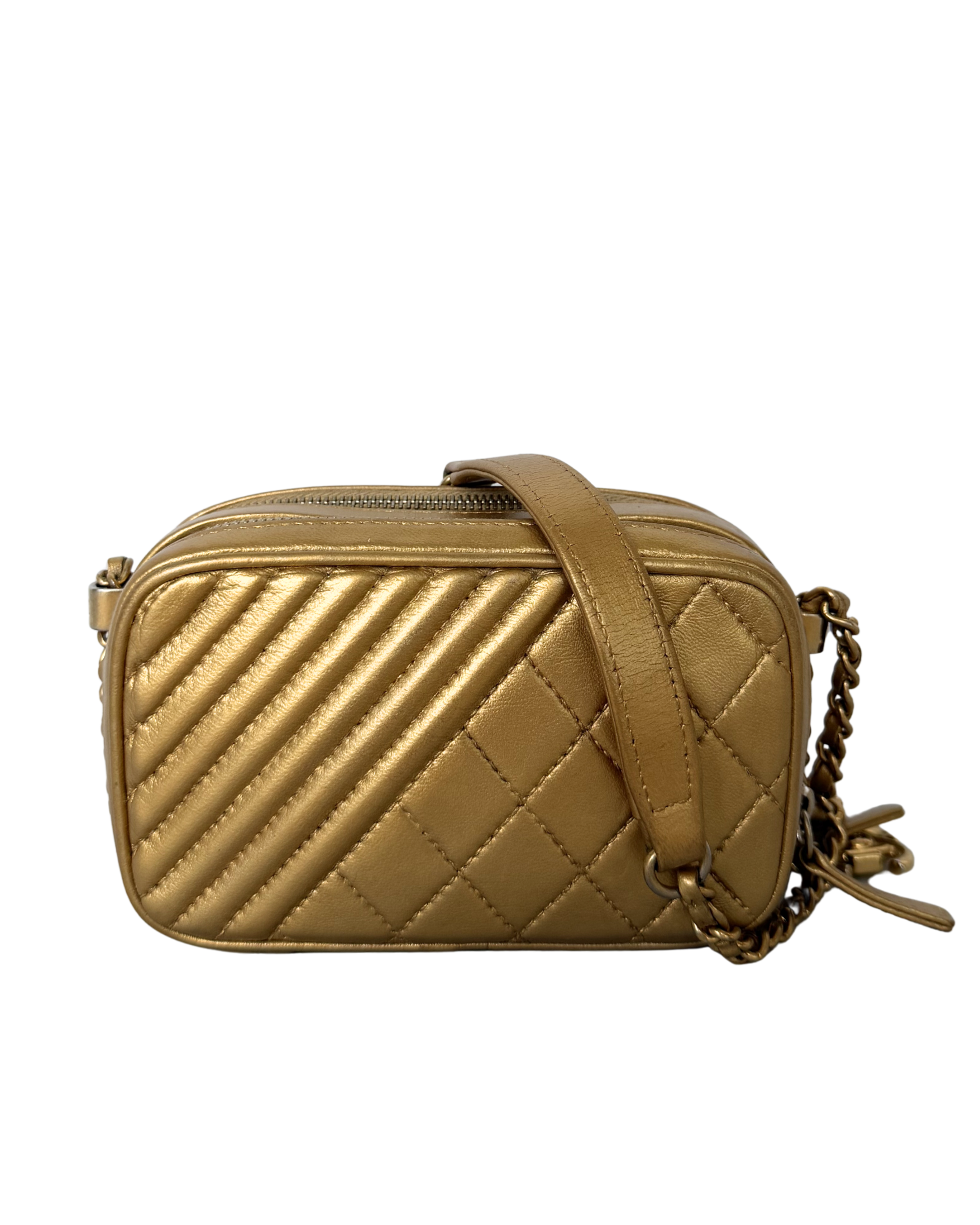 CHANEL METALLIC LAMBSKIN MINI COCO BOY CAMERA BAG IN GOLD