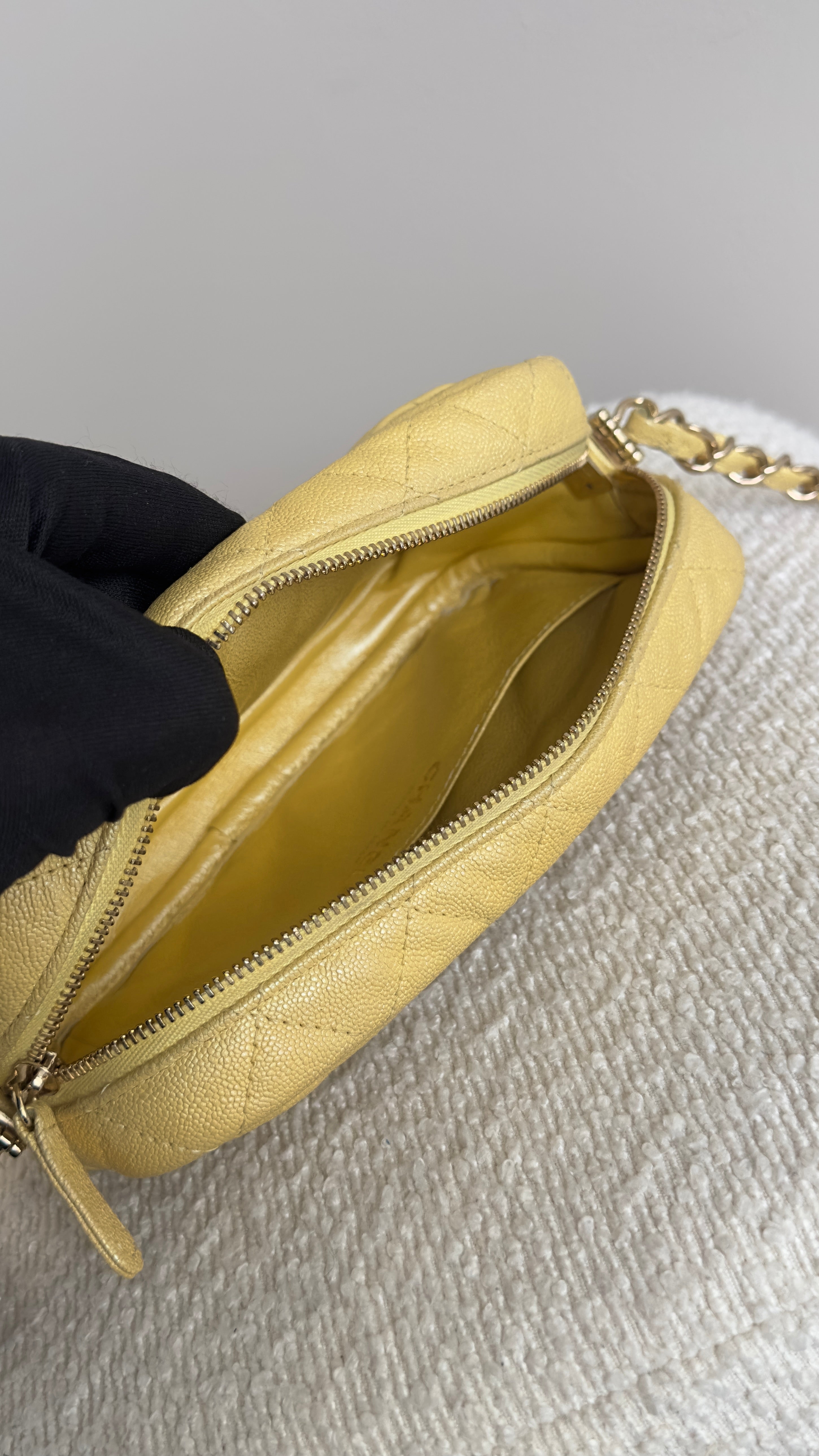 CHANEL MINI QUILTED IRIDESCENT CAVIAR CAMERA BAG IN YELLOW