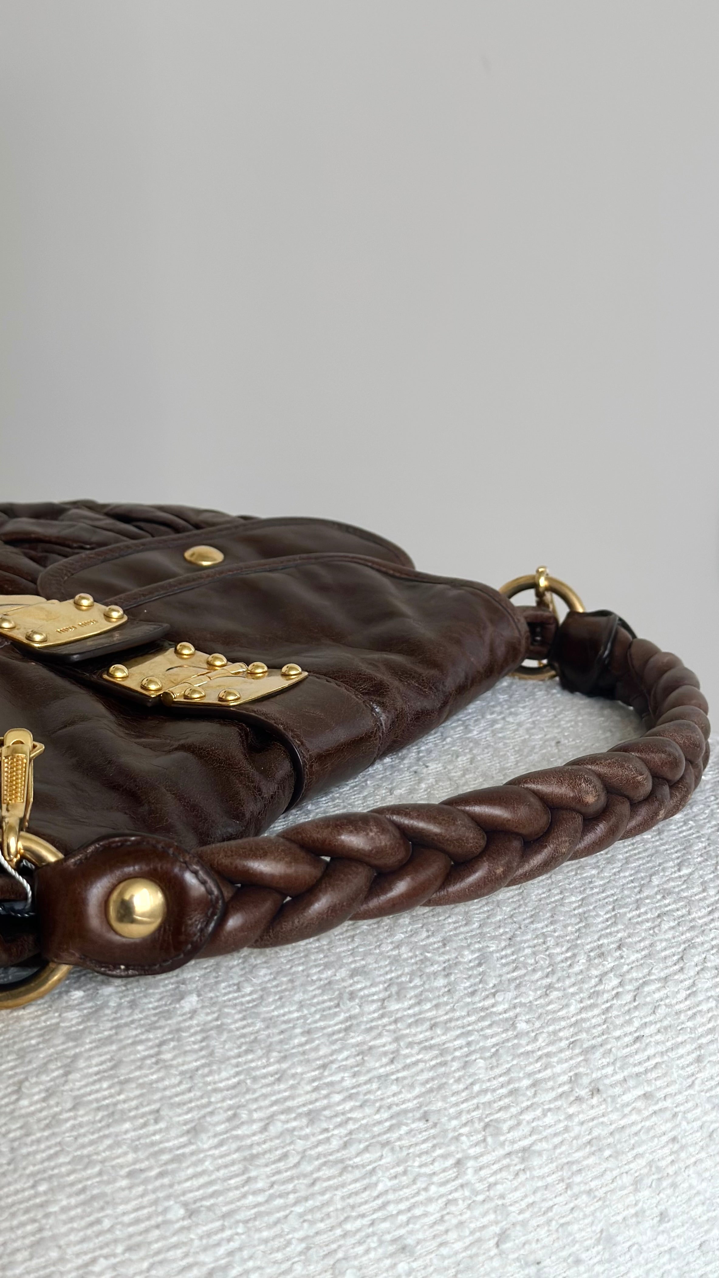 MIU MIU MATELASSE NAPPA COFFER HOBO BAG IN BROWN