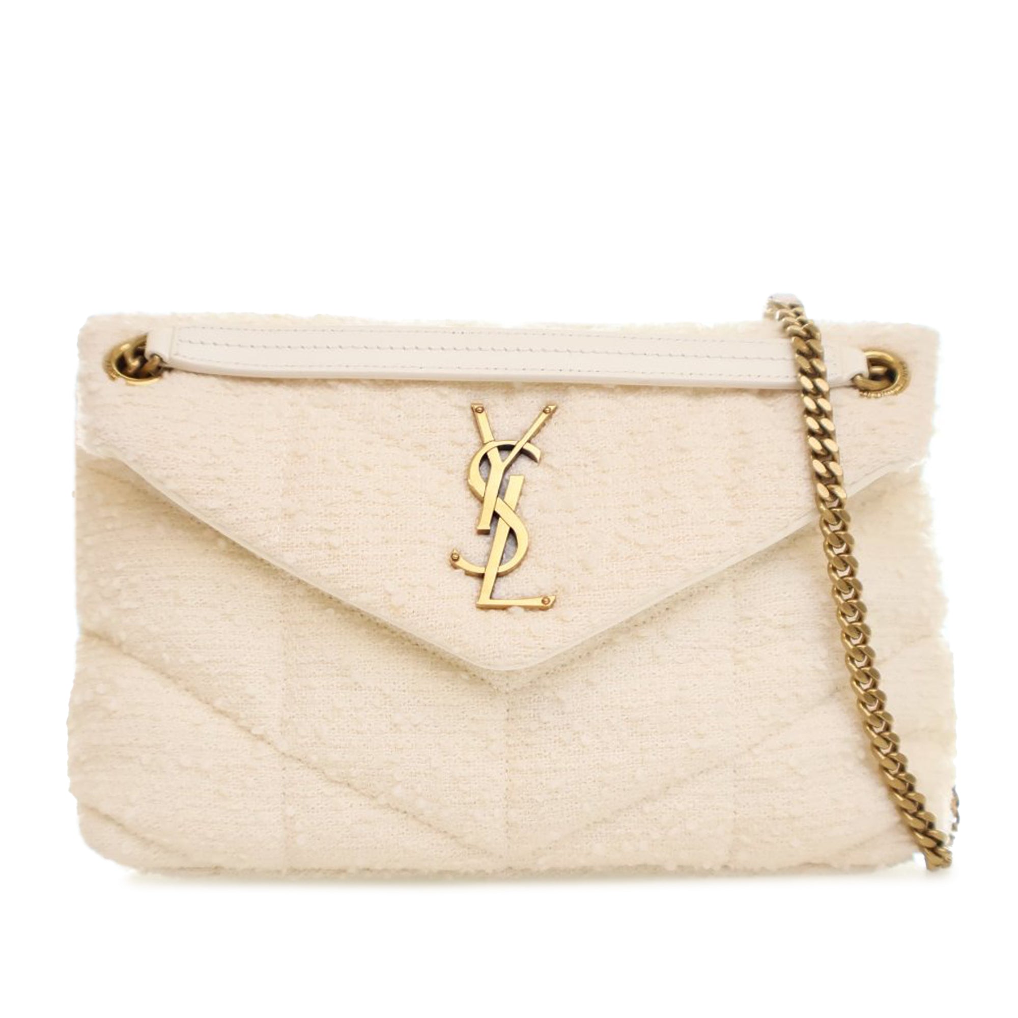 YSL Small Boucle Tweed Loulou Puffer Shoulder Bag In White