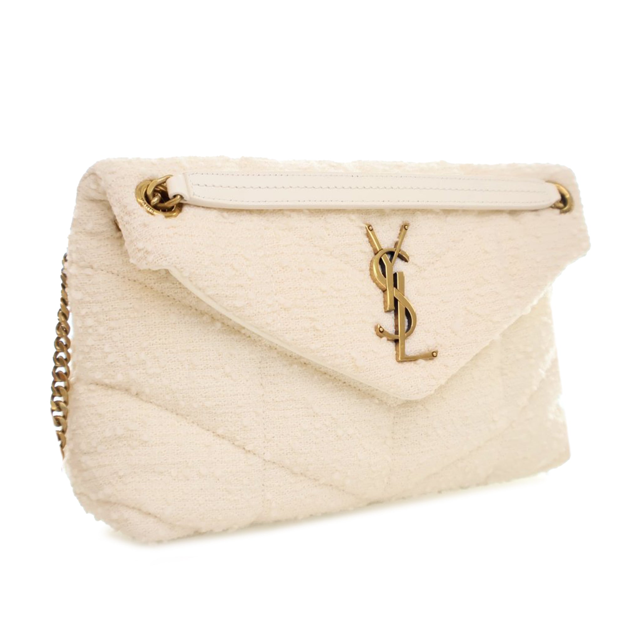 YSL Small Boucle Tweed Loulou Puffer Shoulder Bag In White