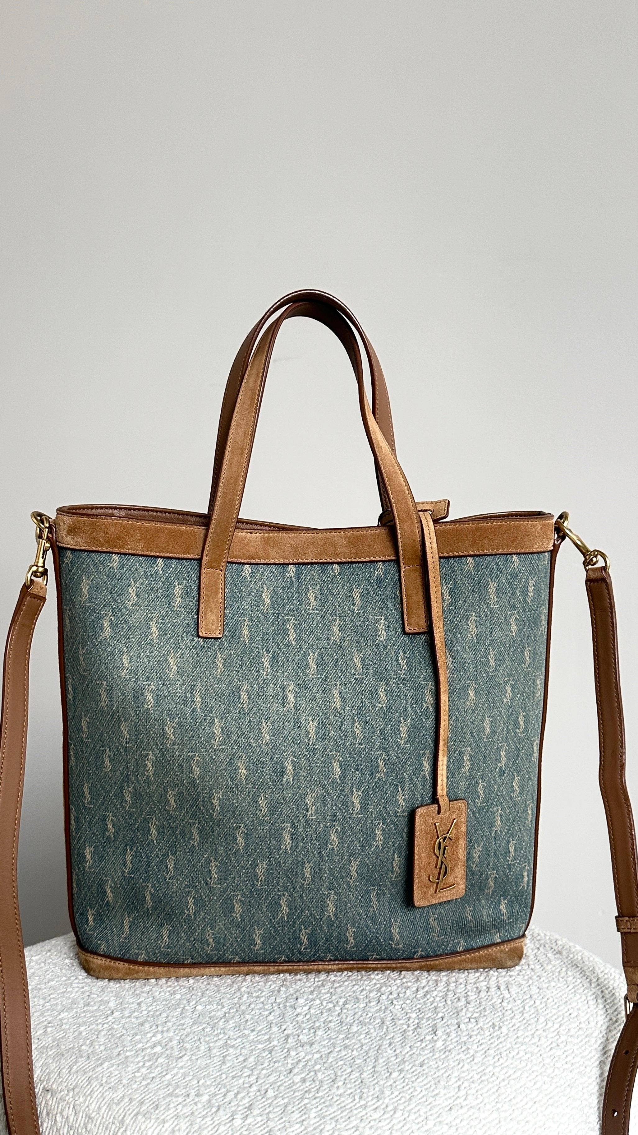 SAINT LAURENT TOY MONOGRAM DENIM TOTE BAG IN BLUE