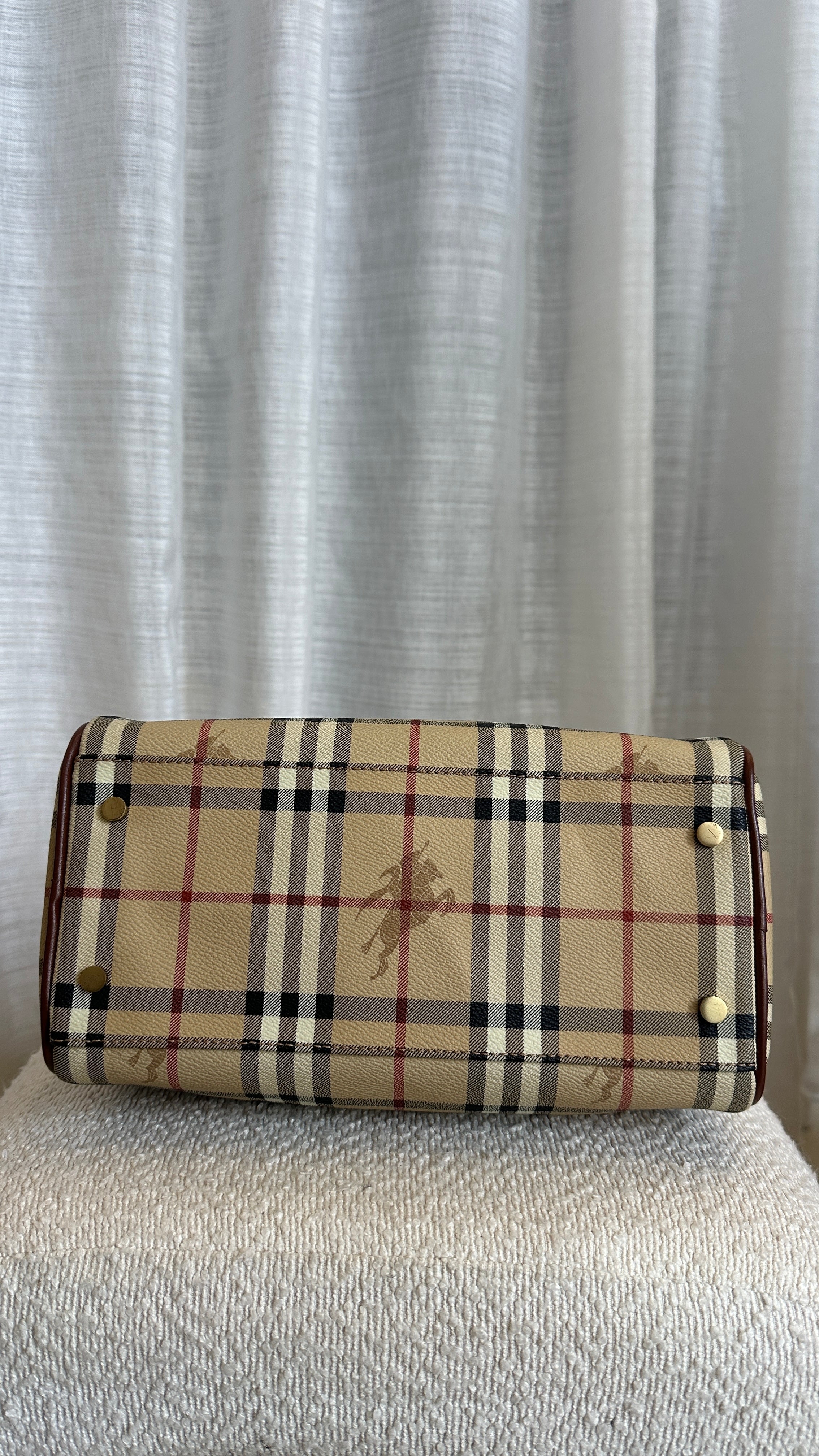 BURBERRY CHECK COATED CANVAS BOSTON BAG IN BROWN