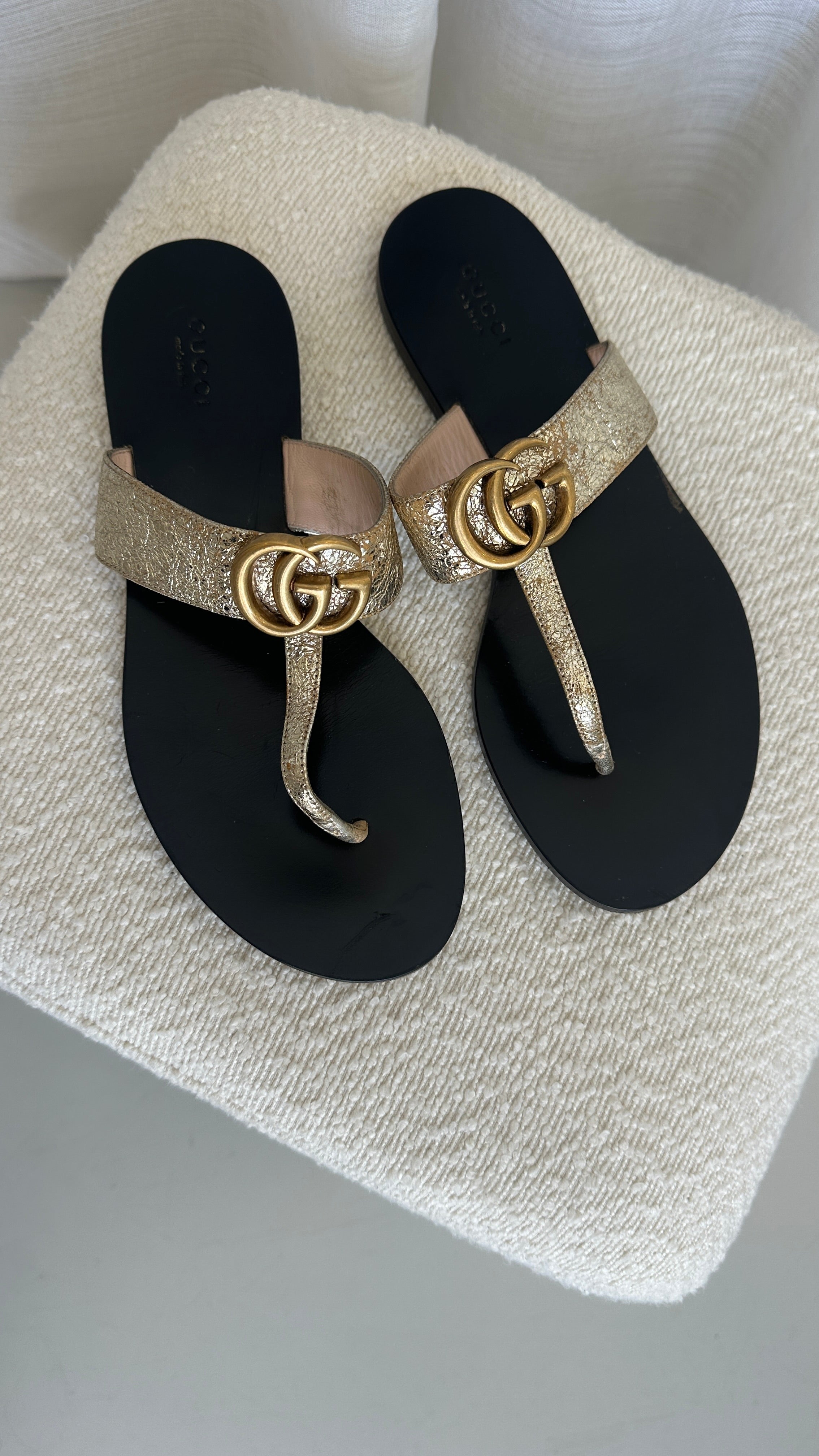 Gucci GG Marmont Thong Sandals In Gold - Size 38