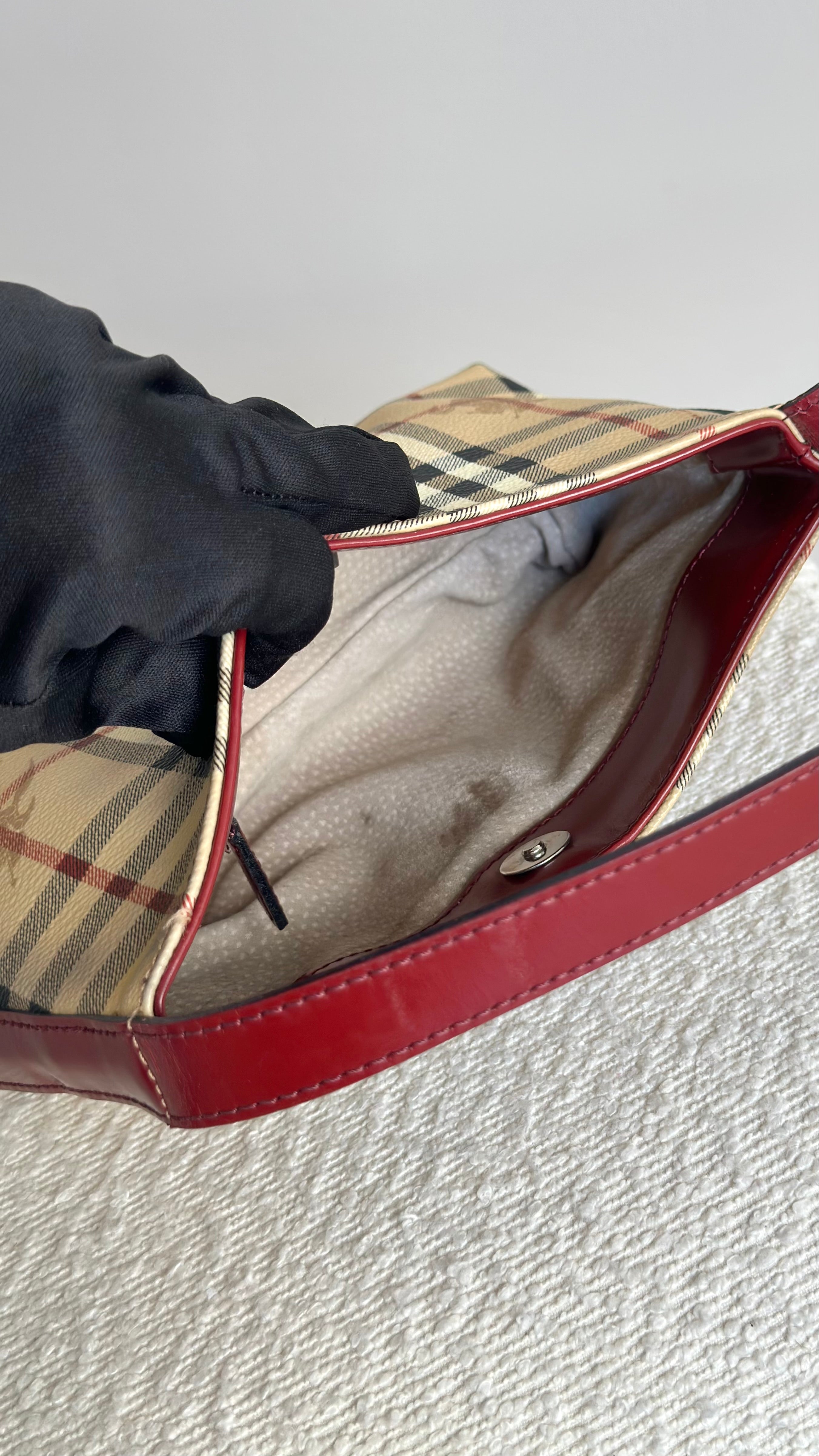 BURBERRY NOVA CHECK SHOULDER BAG IN BORDEAUX