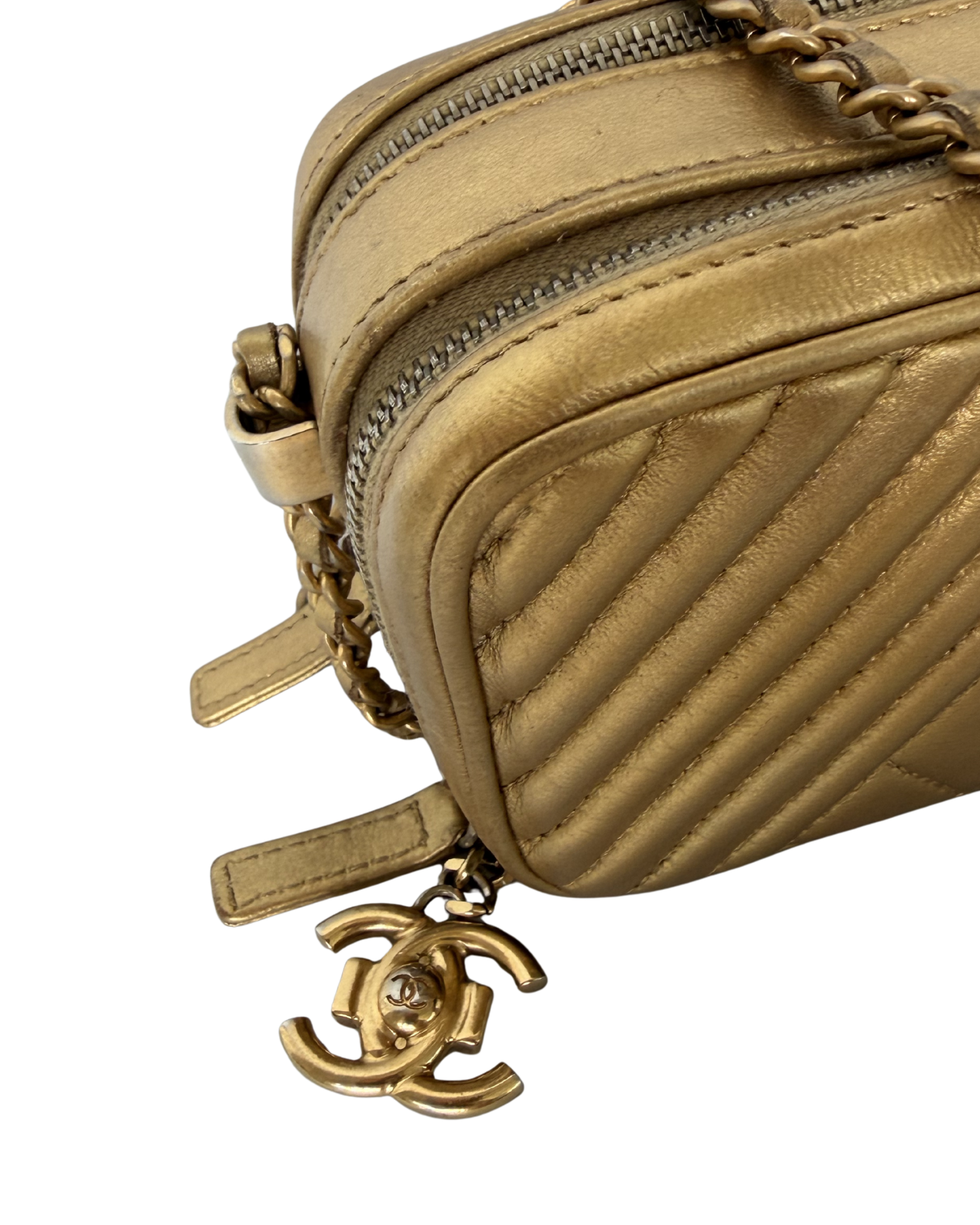 CHANEL METALLIC LAMBSKIN MINI COCO BOY CAMERA BAG IN GOLD