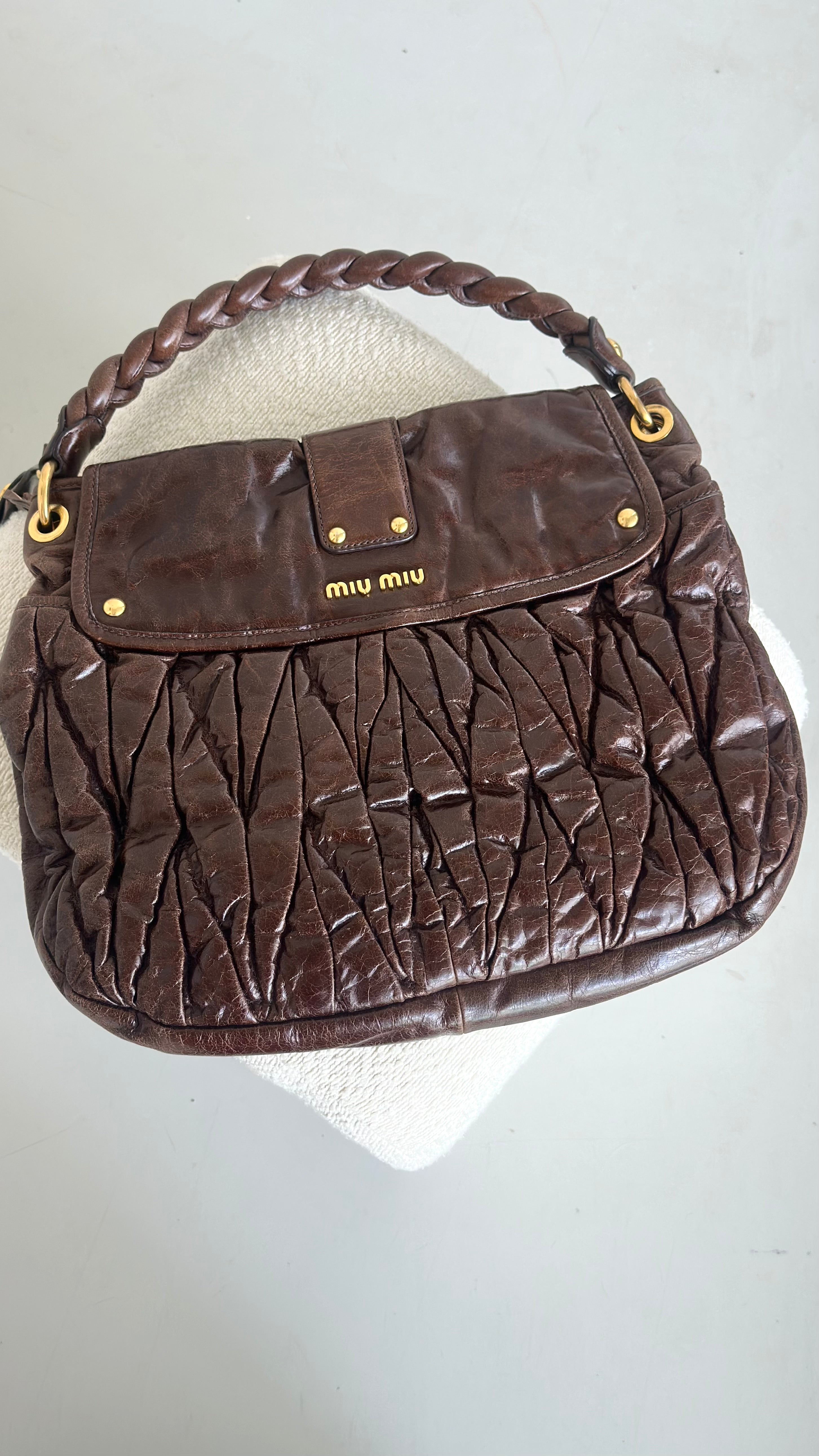 MIU MIU MATELASSE NAPPA COFFER HOBO BAG IN BROWN