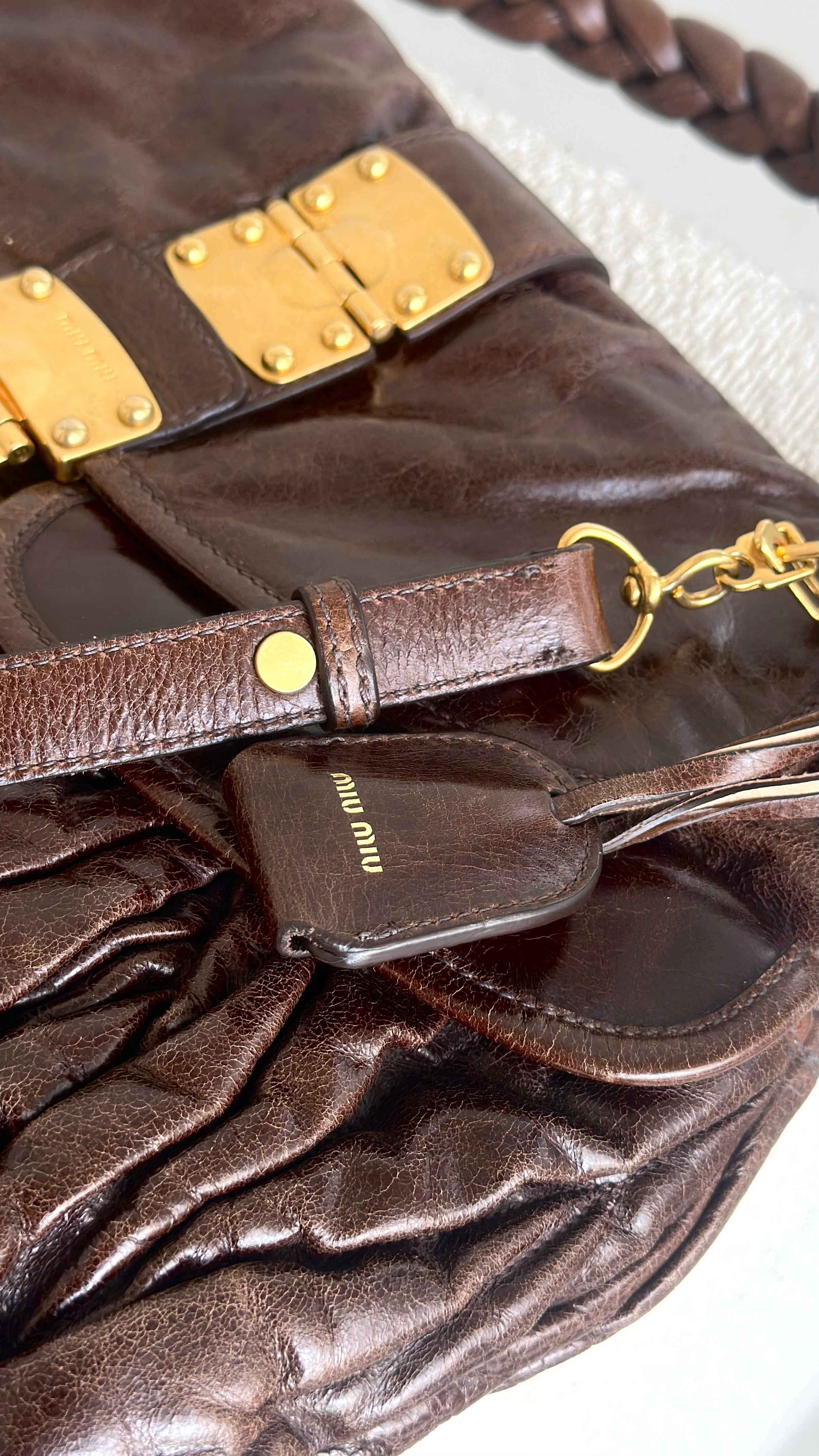 MIU MIU MATELASSE NAPPA COFFER HOBO BAG IN BROWN