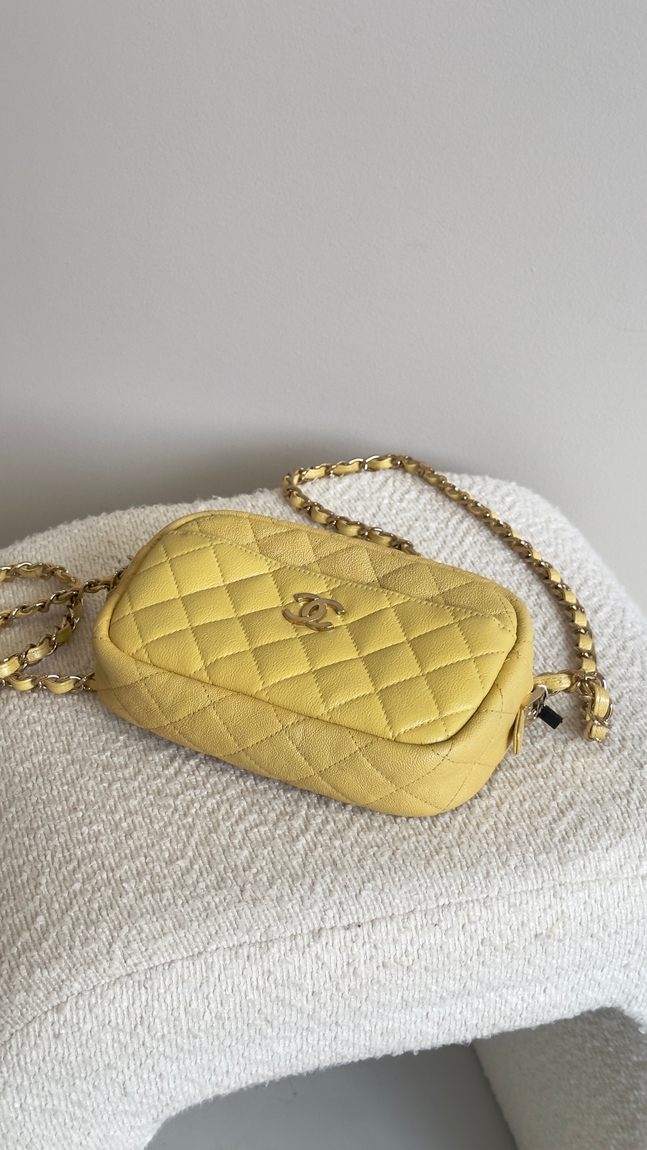 CHANEL MINI QUILTED IRIDESCENT CAVIAR CAMERA BAG IN YELLOW