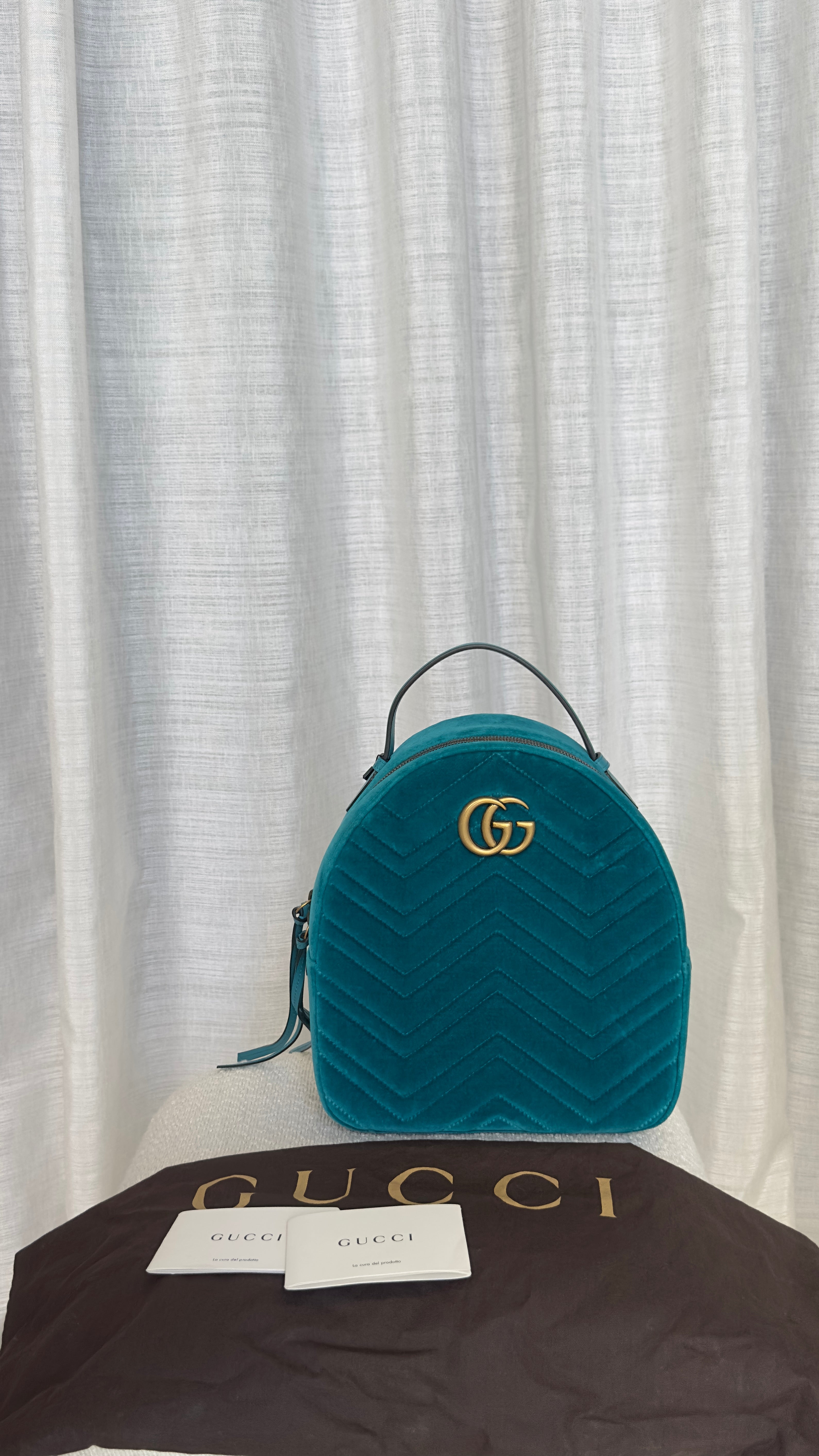 GUCCI GG MARMONT VELVET BACKPACK IN TURQUOISE BLUE