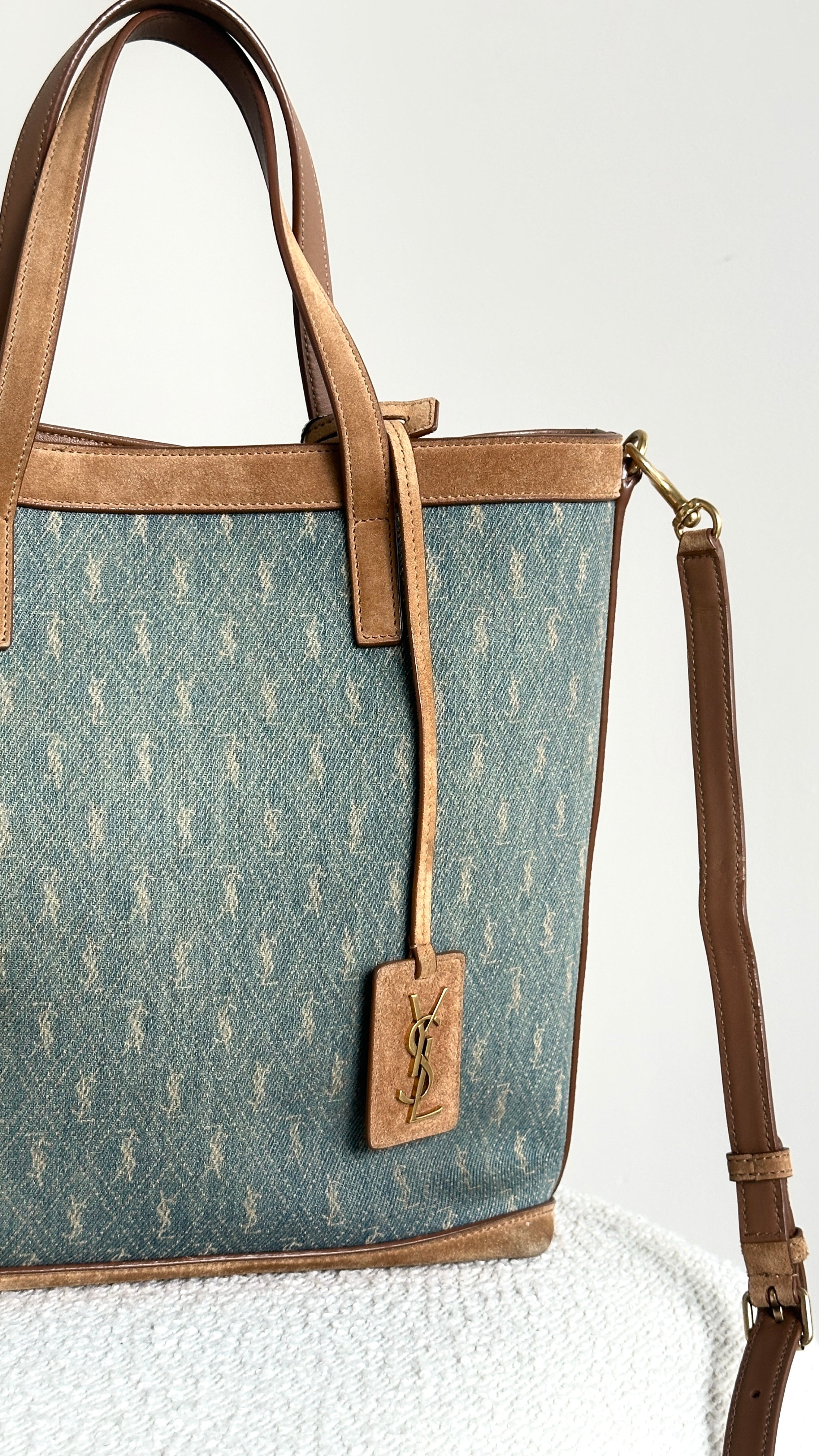 SAINT LAURENT TOY MONOGRAM DENIM TOTE BAG IN BLUE