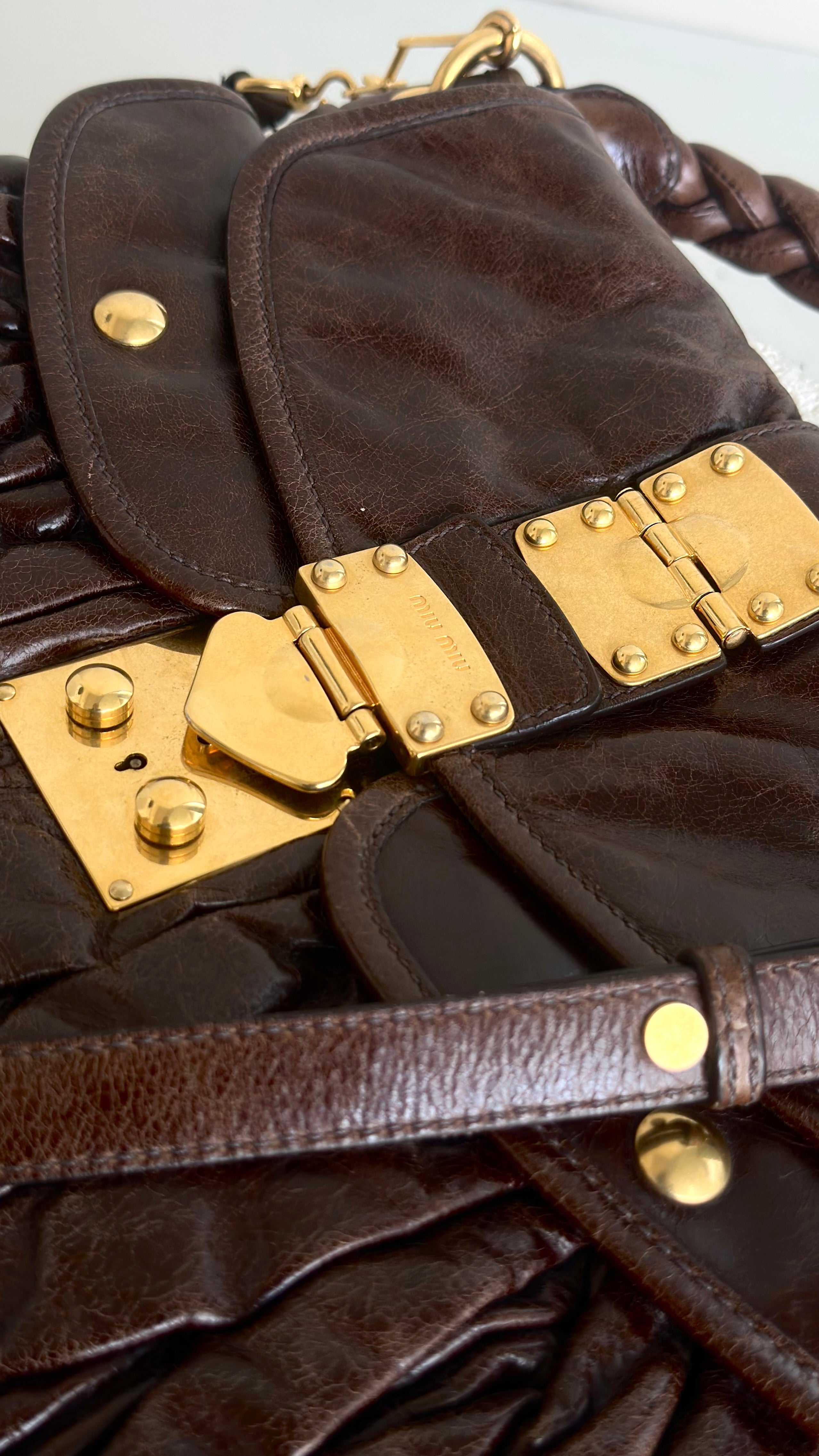 MIU MIU MATELASSE NAPPA COFFER HOBO BAG IN BROWN