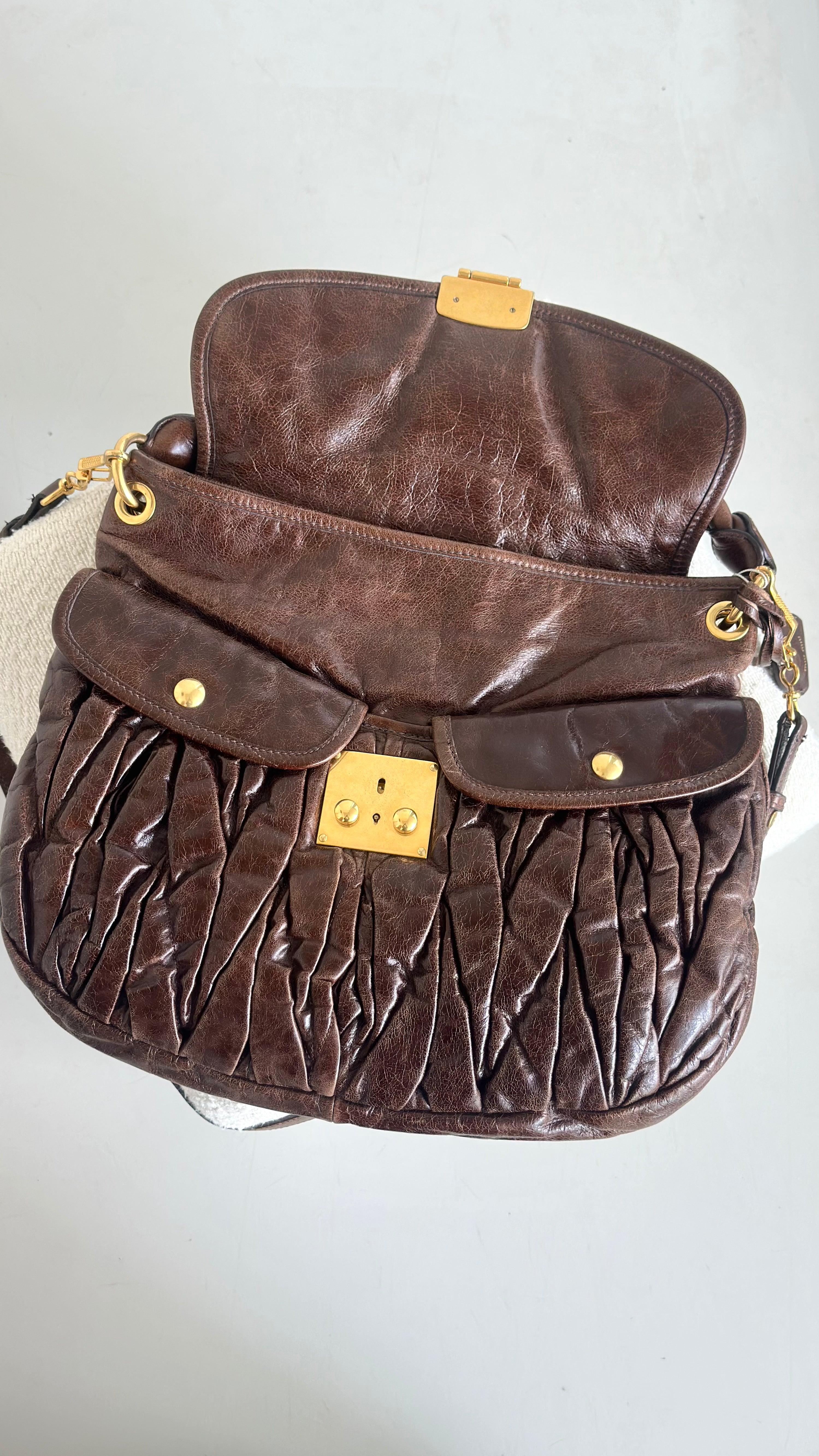 MIU MIU MATELASSE NAPPA COFFER HOBO BAG IN BROWN