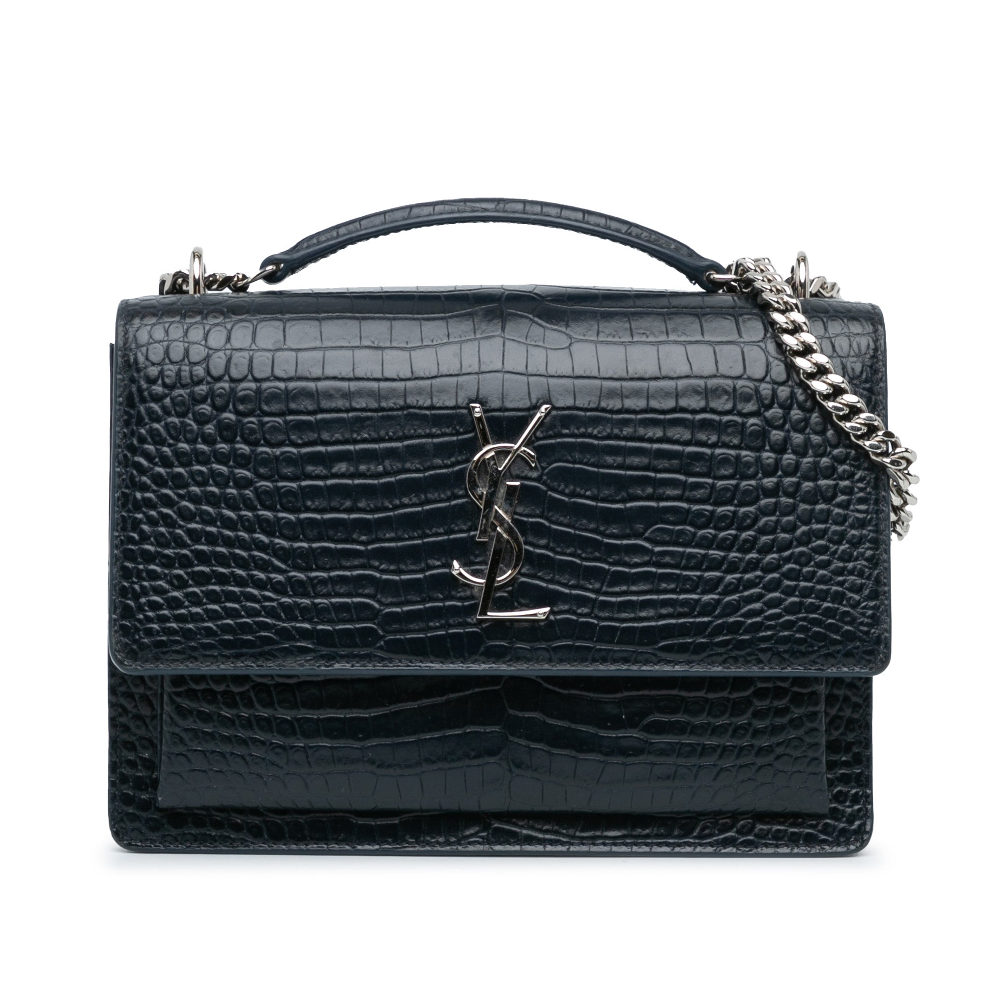 Saint Laurent Medium Croc Embossed Monogram Sunset Bag In Blue