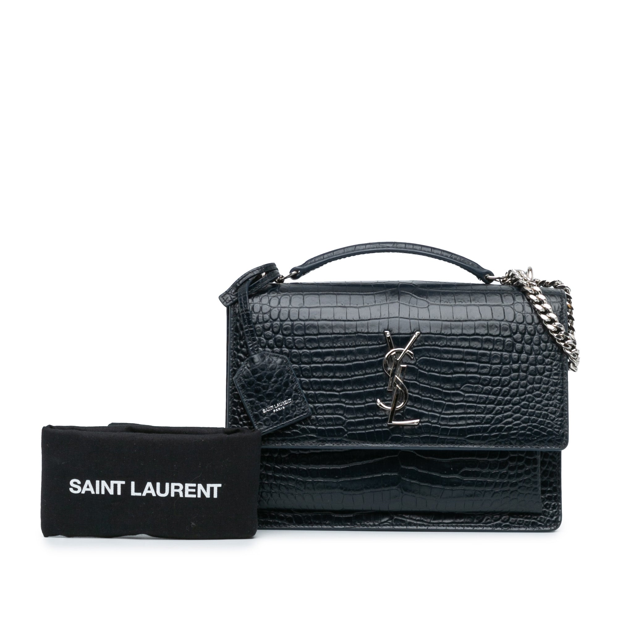 Saint Laurent Medium Croc Embossed Monogram Sunset Bag In Blue