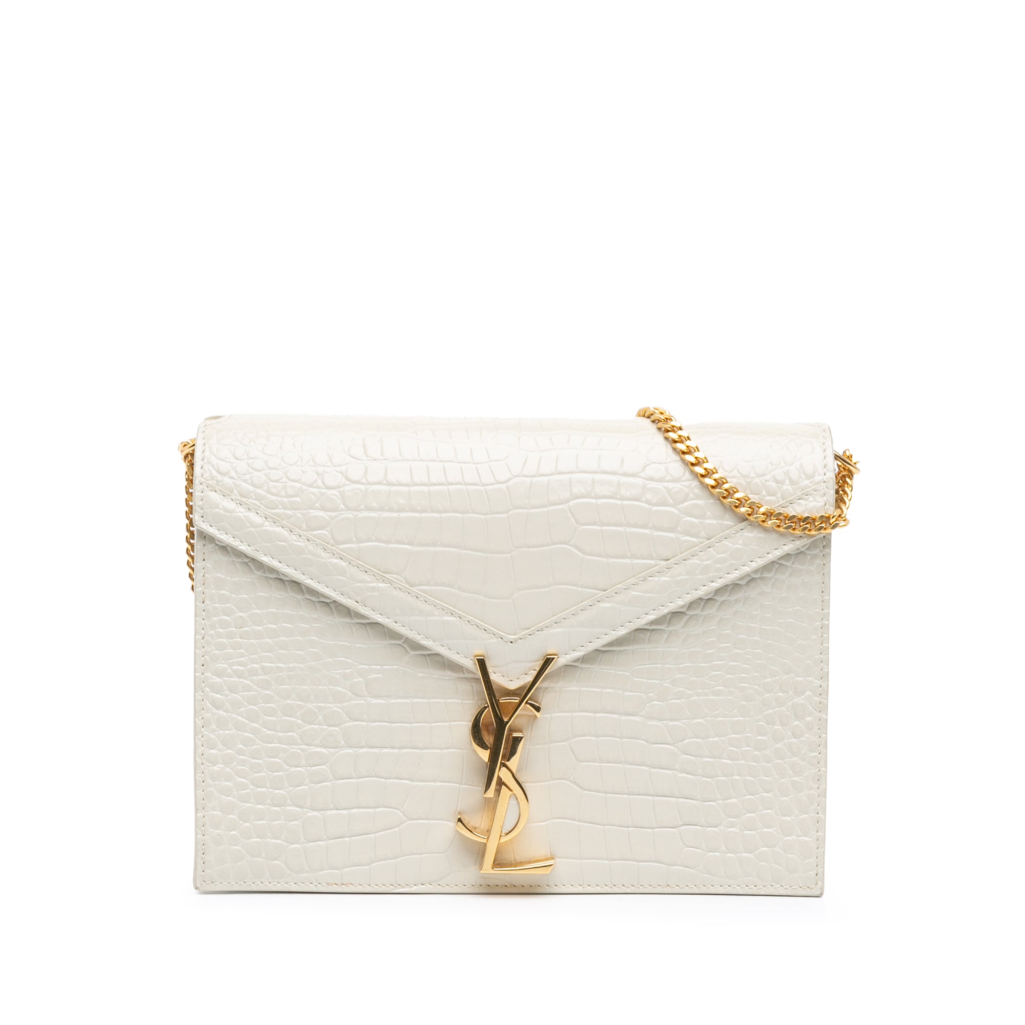 Saint Laurent Croc Embossed Leather Monogram Cassandra Clasp Bag In White