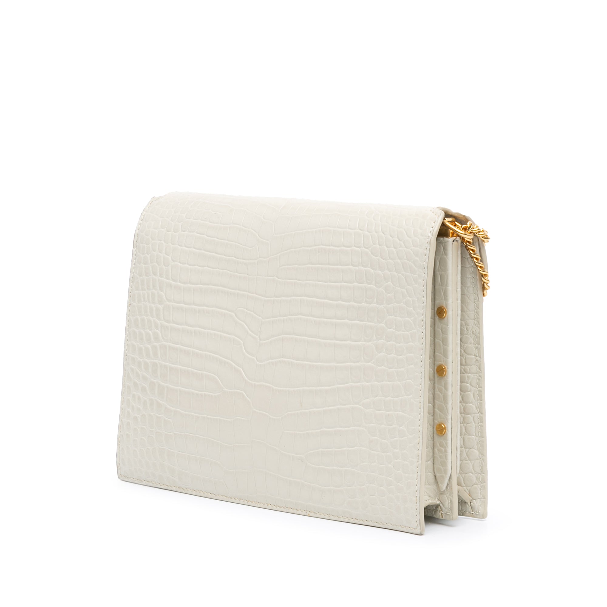 Saint Laurent Croc Embossed Leather Monogram Cassandra Clasp Bag In White