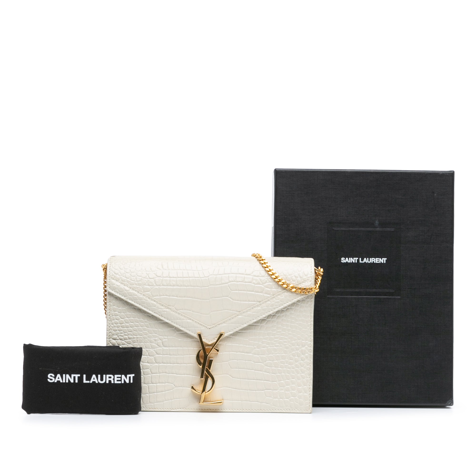 Saint Laurent Croc Embossed Leather Monogram Cassandra Clasp Bag In White