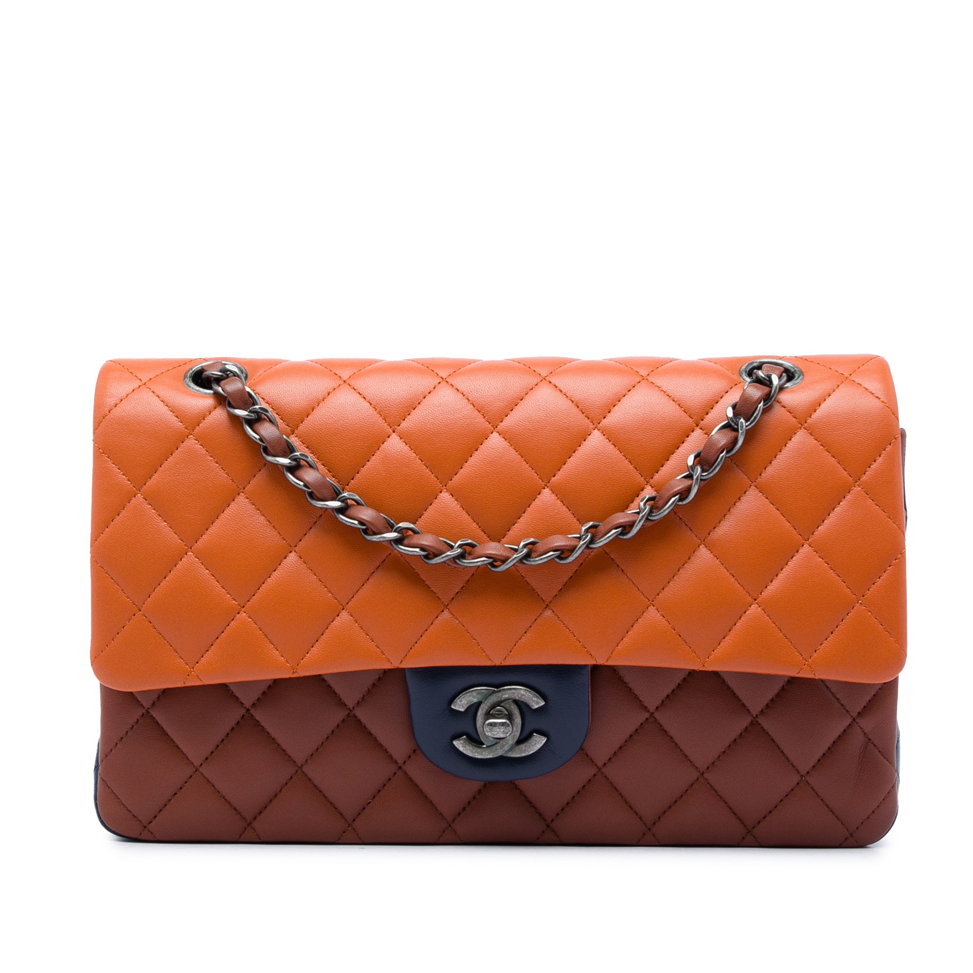 Chanel Medium Classic Tricolor Lambskin Double Flap Orange