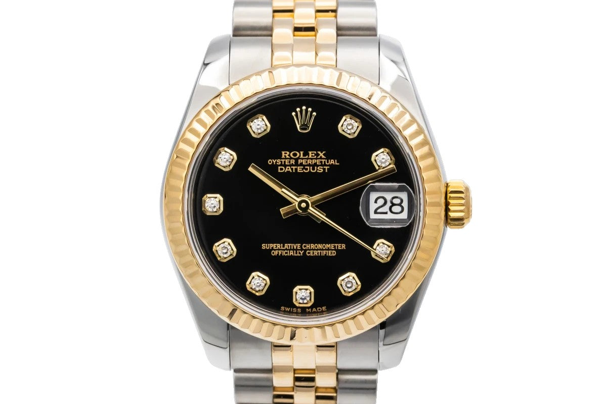 Rolex Datejust 31mm Steel & Yellow Gold Watch Black Diamond Dial Jubilee Band