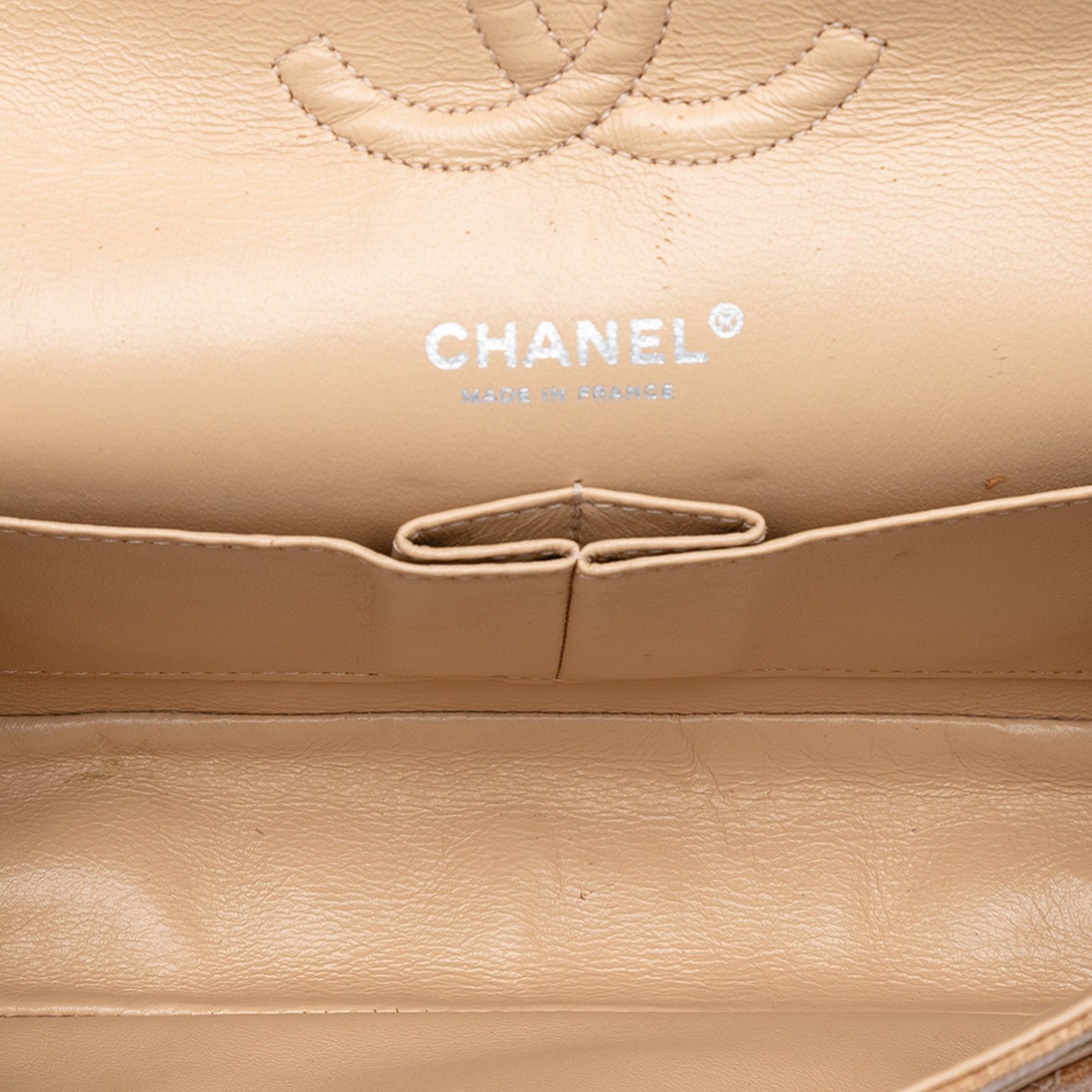 Chanel Medium Classic Canvas Lambskin Trimmed Double Flap Beige